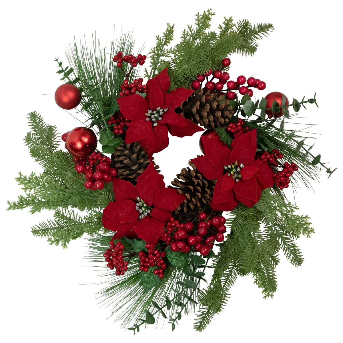Artificial Red Berry and Poinsettia Christmas Wreath 22-Inch Unlit - 22