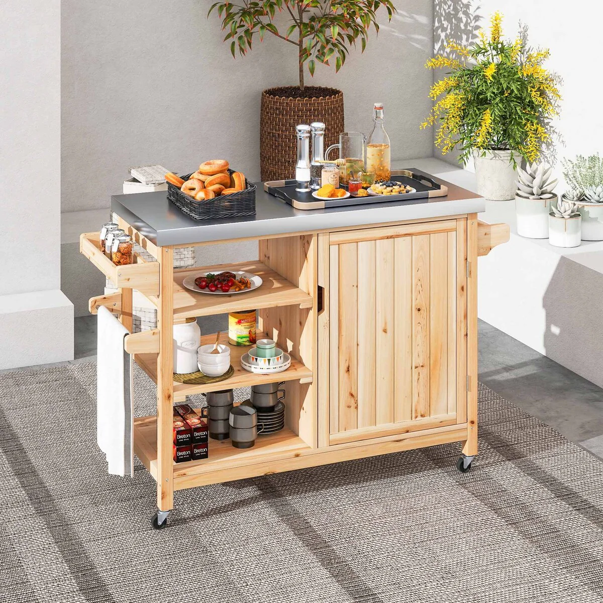 Moasis Outdoor Kitchen Island Rolling Trolley Cart with Stainless Steel Tabletop