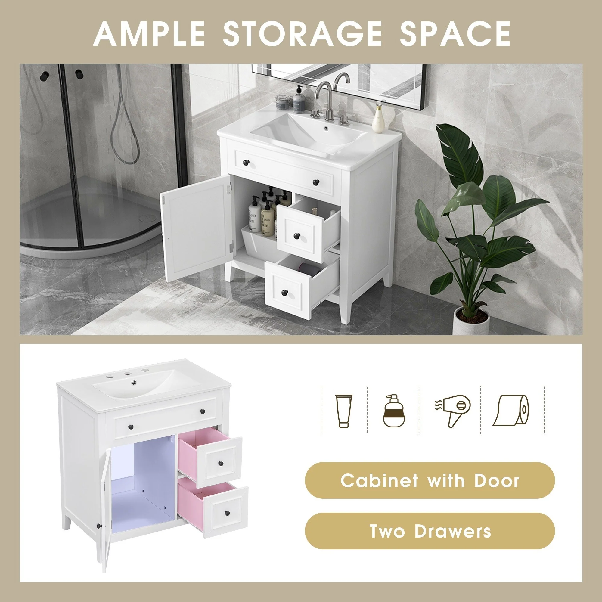 30'' Solid Wood Bathroom Vanity with Cabinet, 2 Drawers, and Ceramic Sink