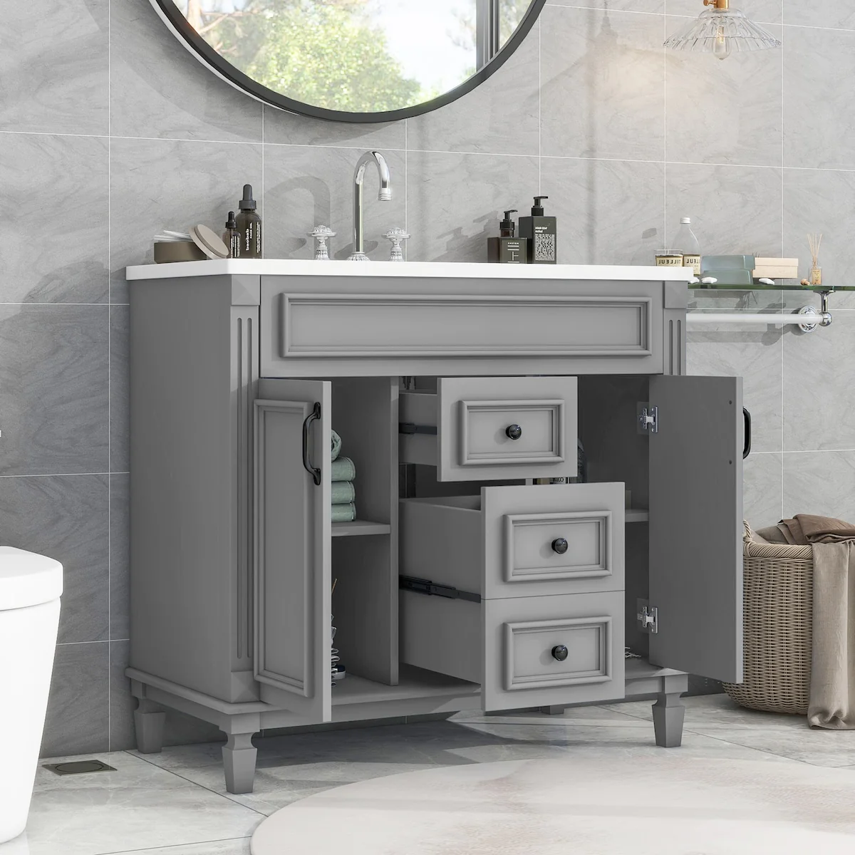 Modern Bathroom Storage Vanity with Top Sink, 2 Soft Closing Doors & 2 Drawers