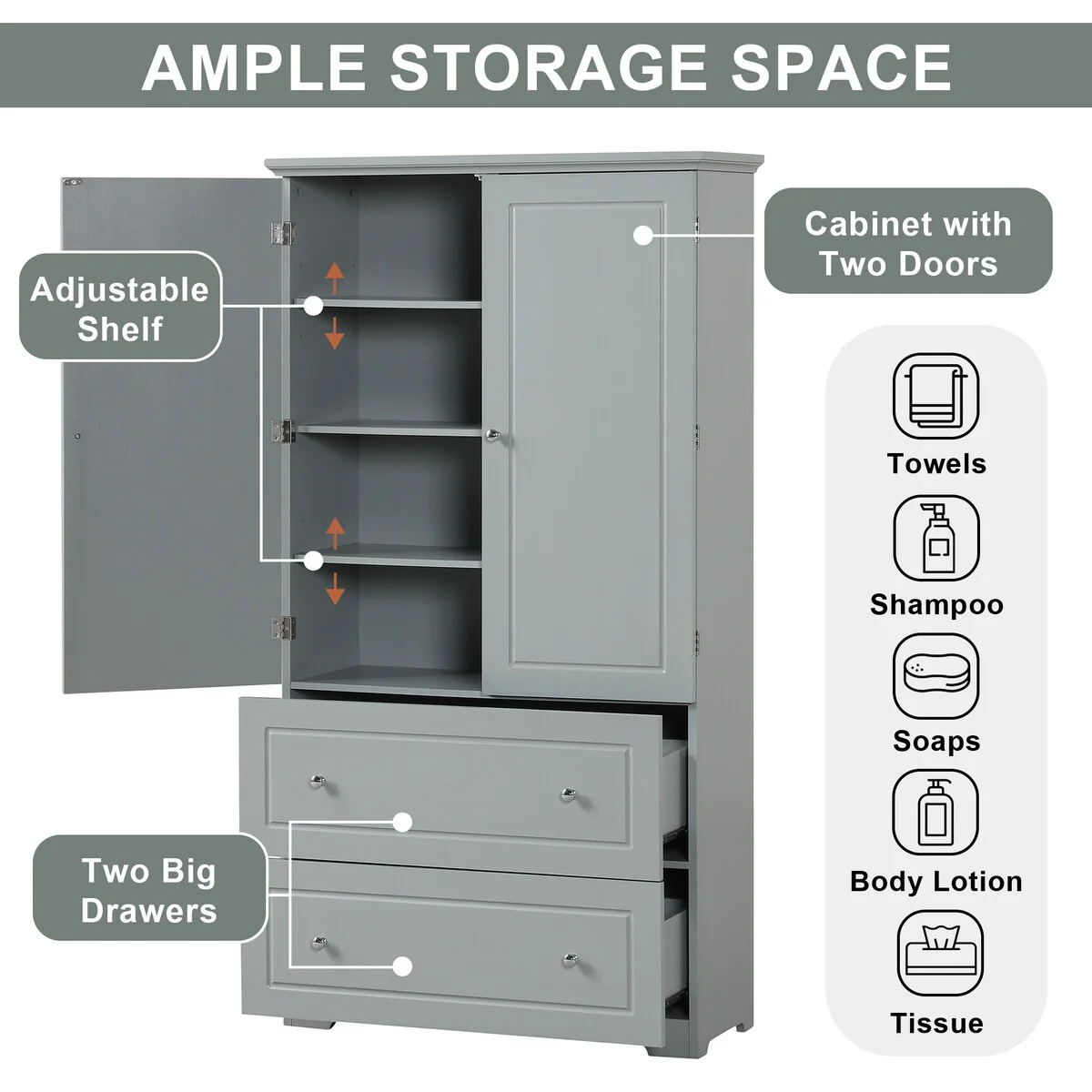 Tall Bathroom Storage Cabinet with Two Doors and Drawers