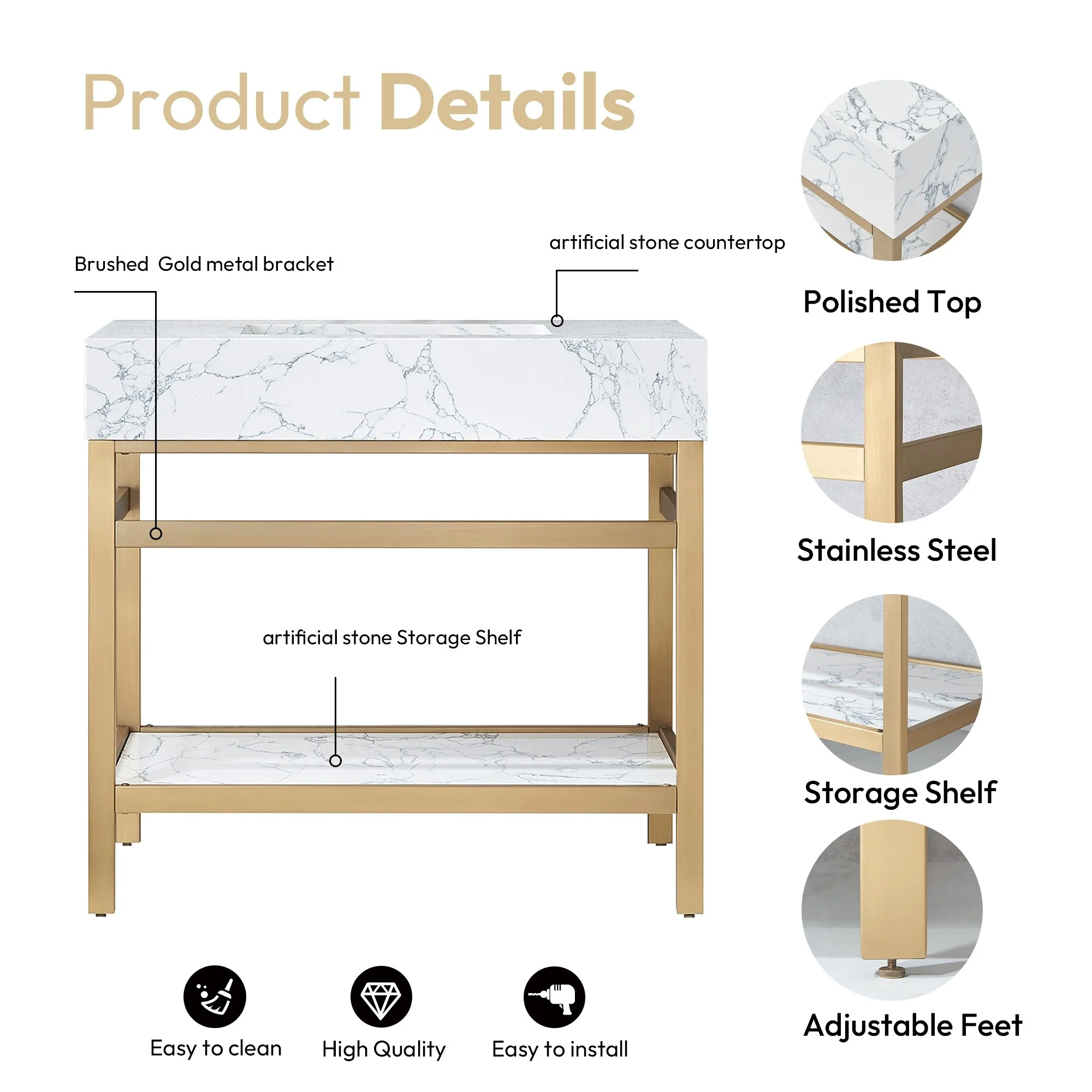 Ecija Bath Vanity, Metal Support with Composite Stone Top, no Mirror