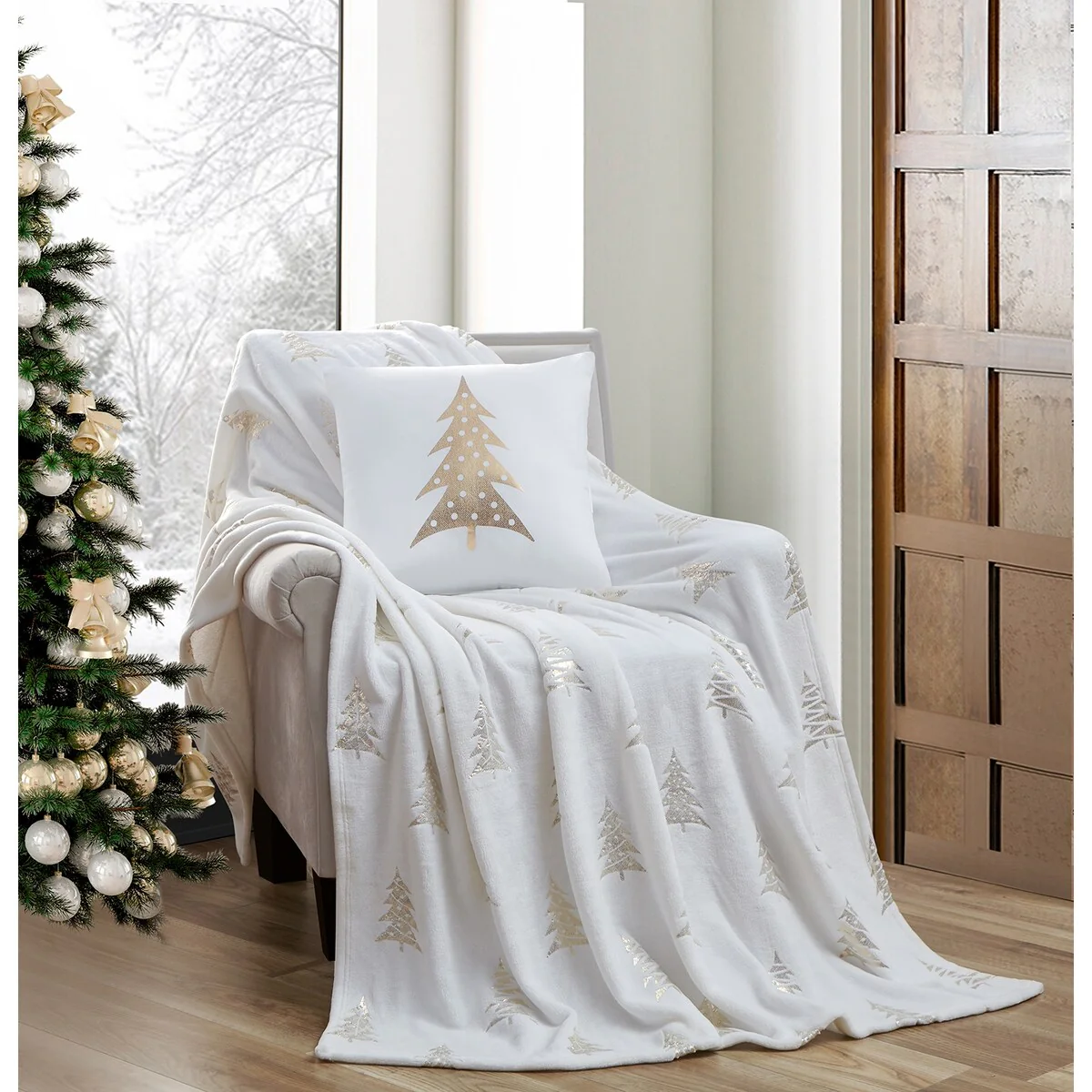 Snowden Gold Metallic Microplush Throw and Décor Pillow Set