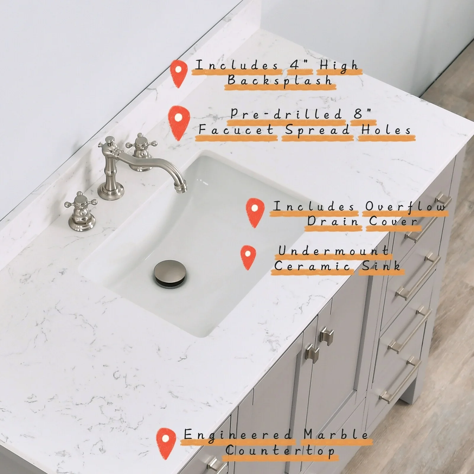 Prismosaic 48 in. Lunar Gray Vanity with Countertop & Splash, Single Sink