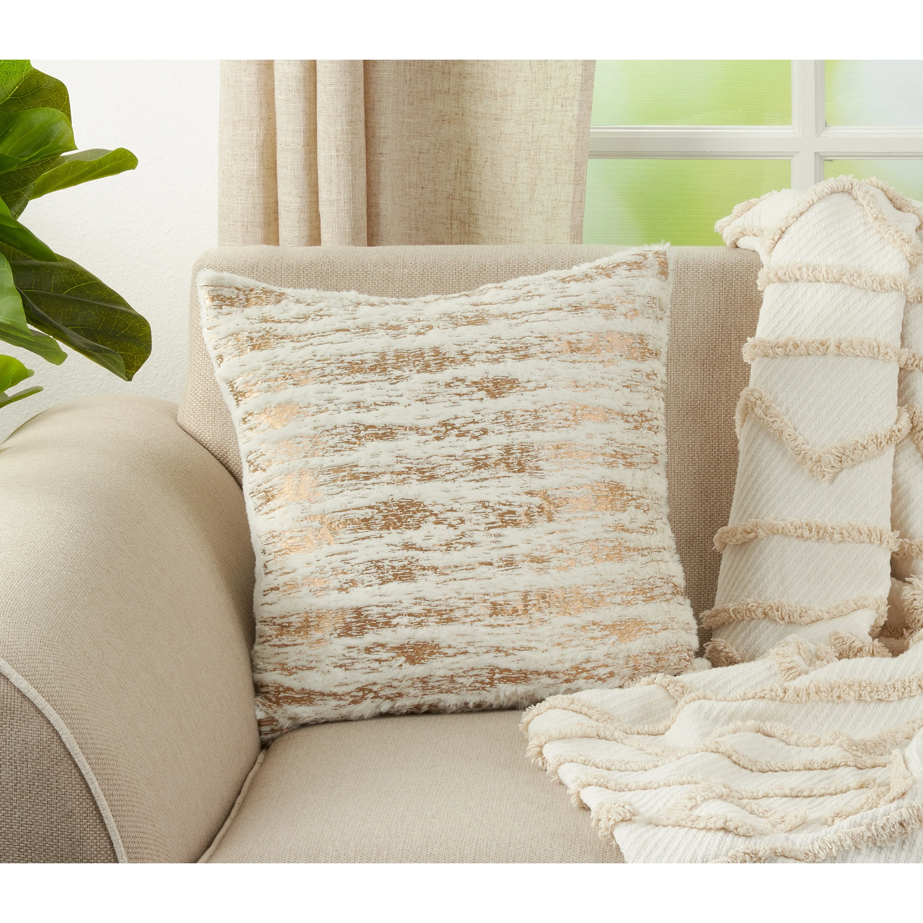 Faux Fur With Brushed Metallic Foil Print Down Filled Throw Pillow