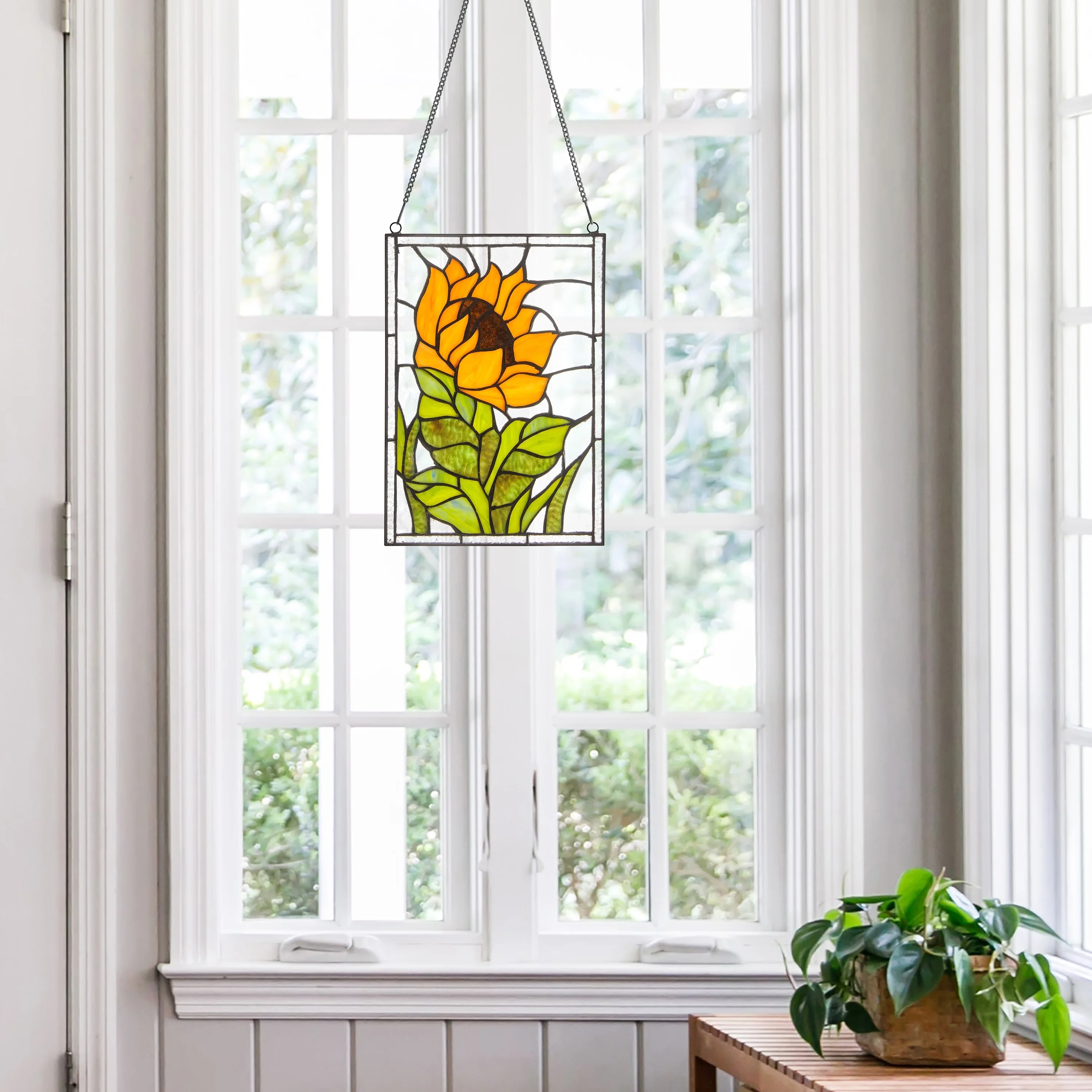 Single Sunflower River of Goods Stained Glass Vertical Window Panel