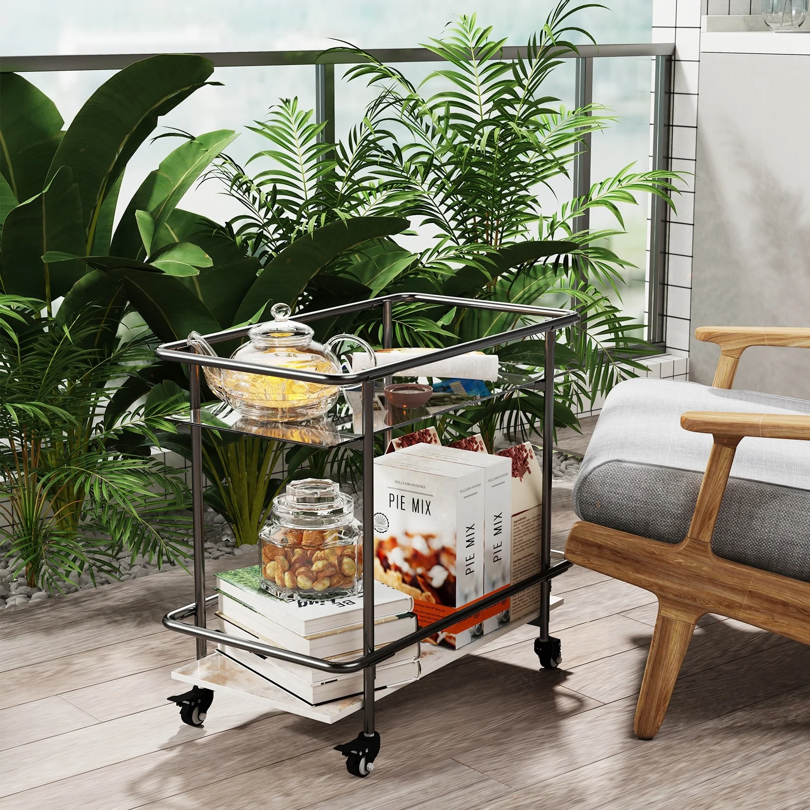 2 Tier Bar Carts with Wheels, Glass Top Sintered Stone Serving Table - 25.6x14x23.8 inch