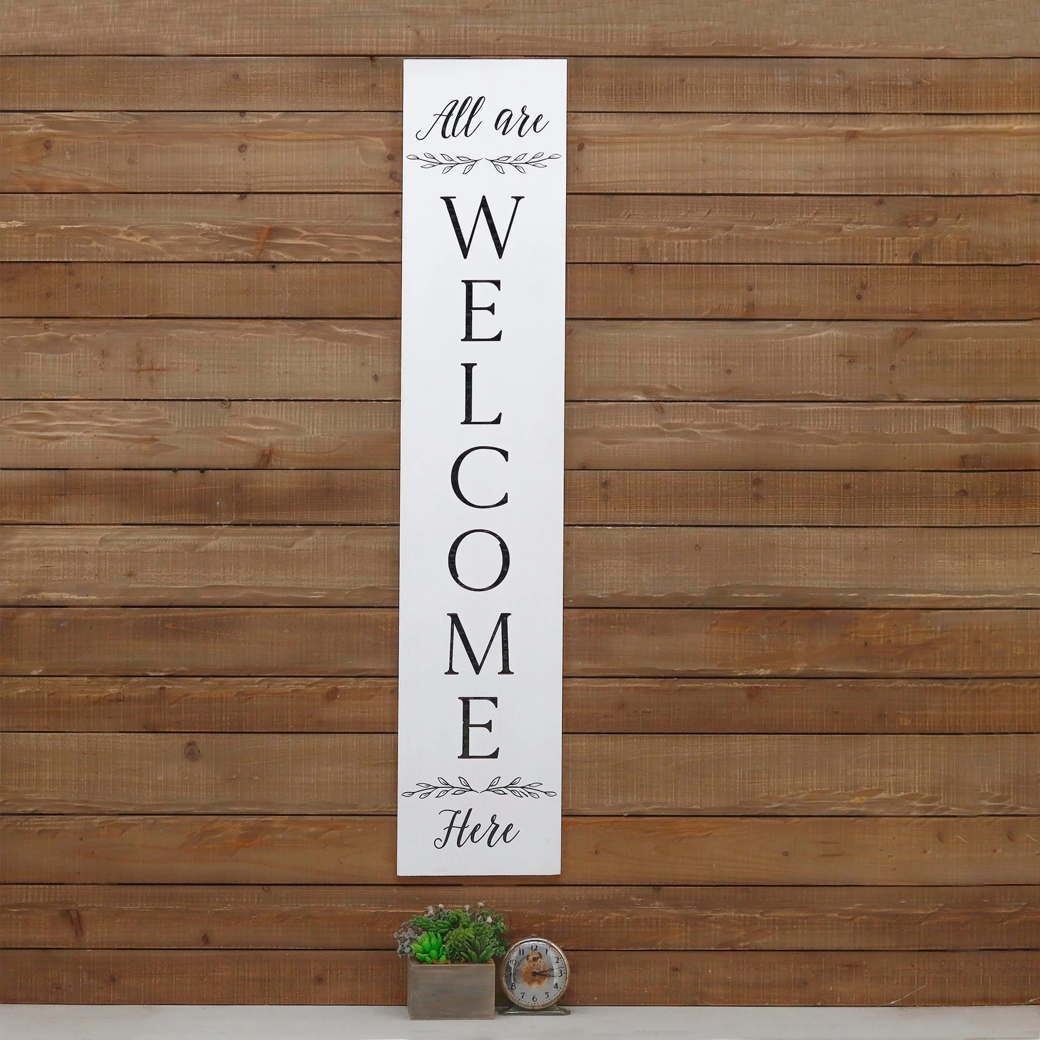 Farmhouse All Are Welcome Here Vertical White Wood Wall Plaque, 47.25