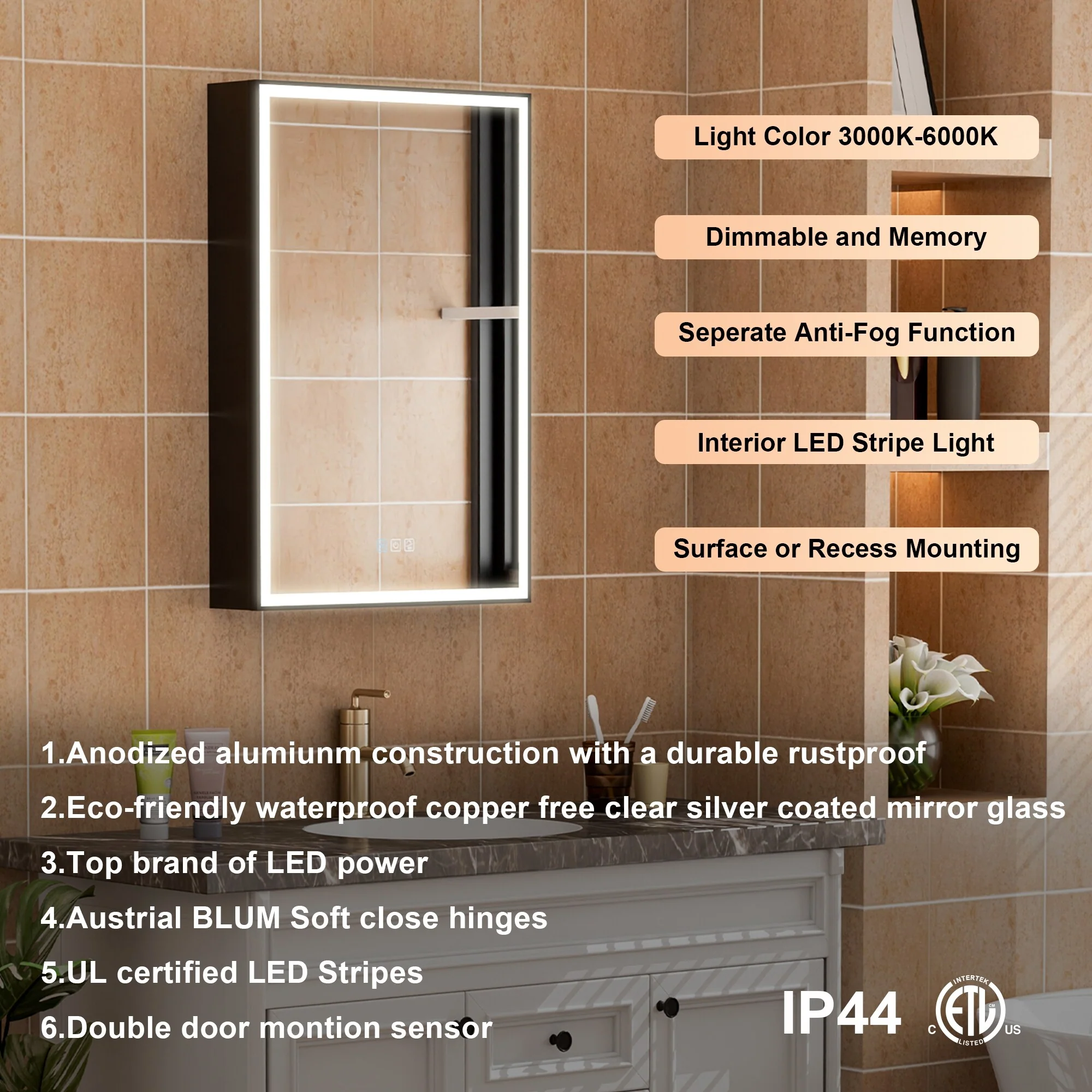 30'' H Recessed Or Surface Wall Mounted LED Mirror Cabinet With Mirror And Adjustable Shelves,Black Frame