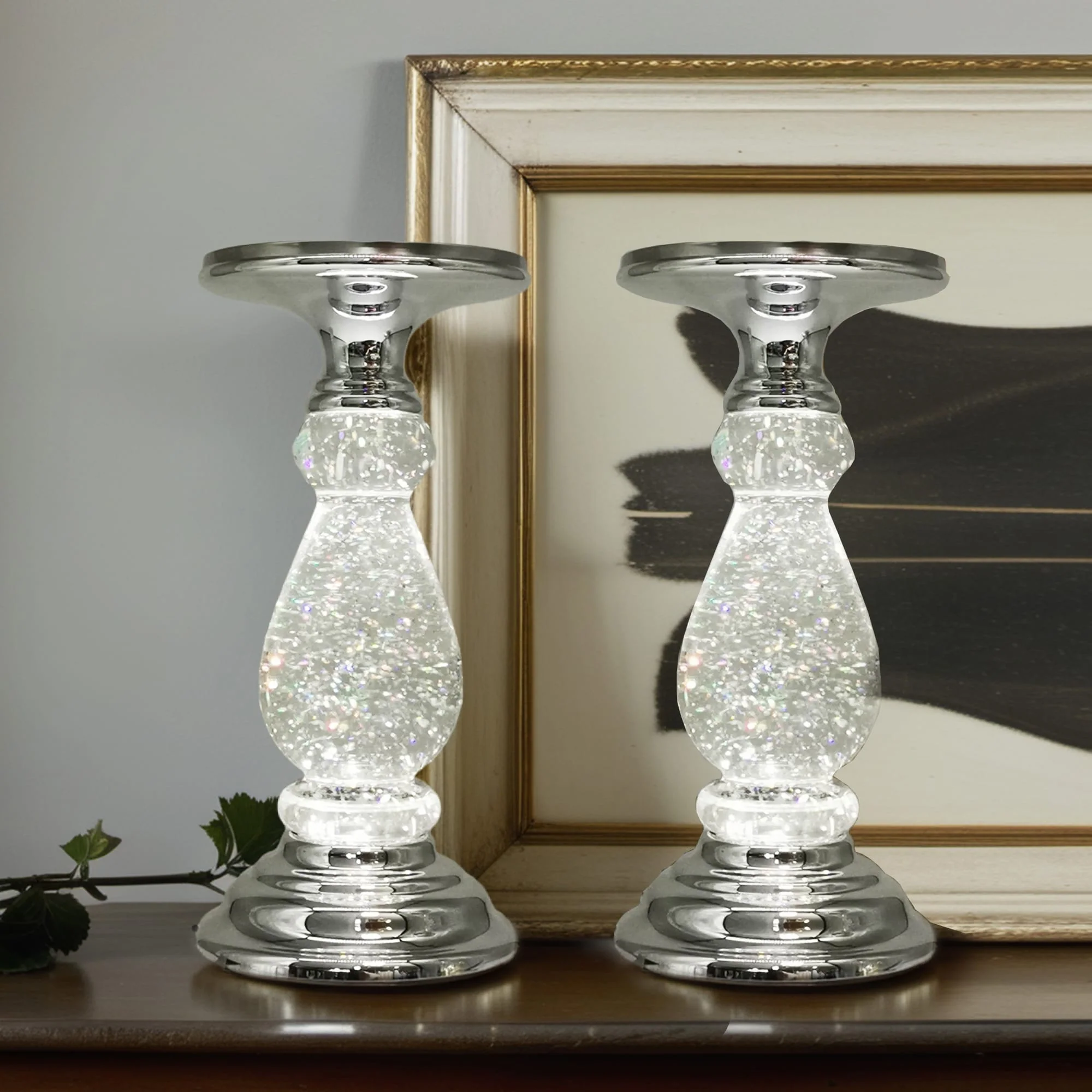 Swirling Glitter LED light-up pedestal candle holder with On/Off switch.(Set of 2)