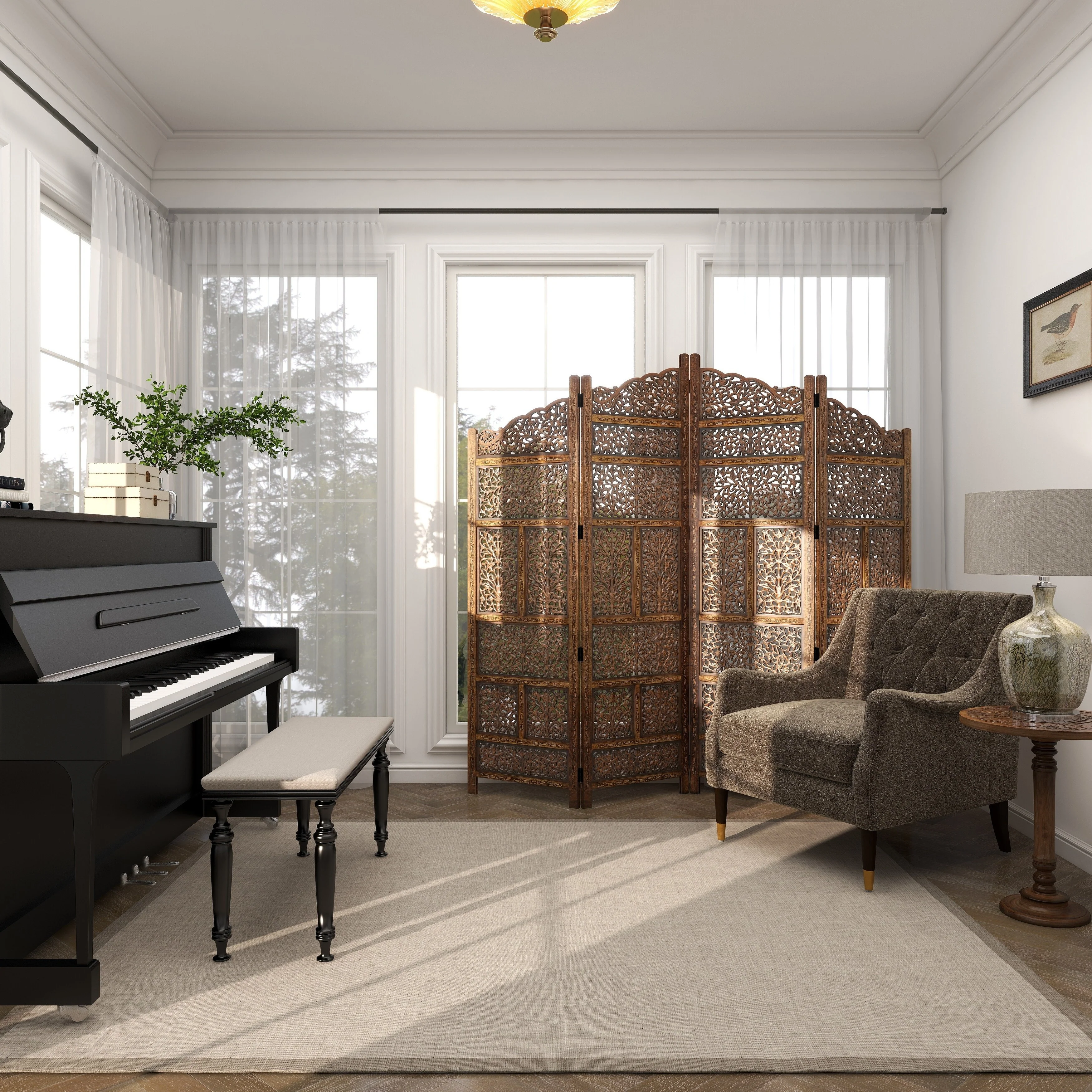 Hand Carved Fold-able 4-Panel Wooden Partition Screen/ Room Divider, Brown