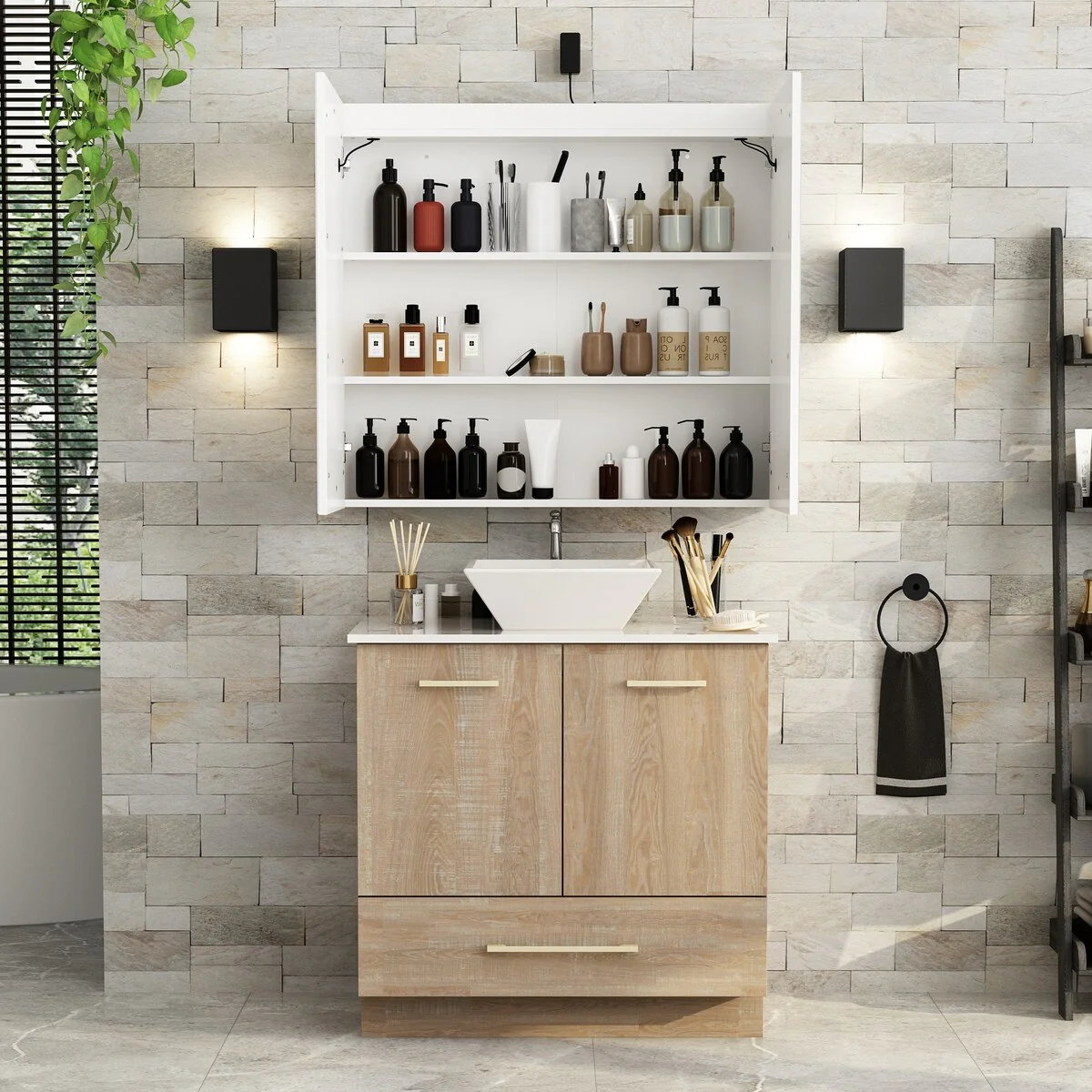 Bathroom Vanity with Ceramic Basin and Modern Medicine Cabinet Combo