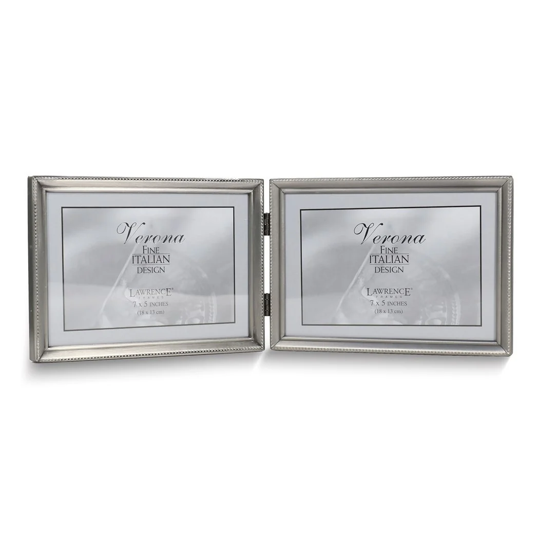 Curata Pewter Landscape Hinged Brushed and Beaded 7x5 Double Photo Frame