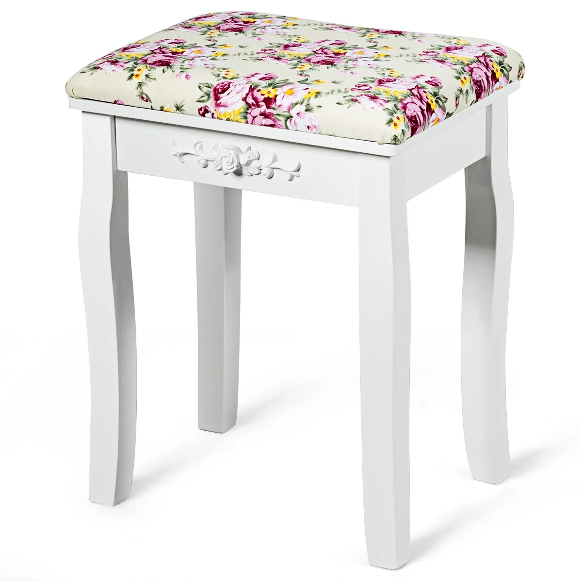 Costway Vanity Wood Dressing Stool Padded Chair Makeup Cushion White