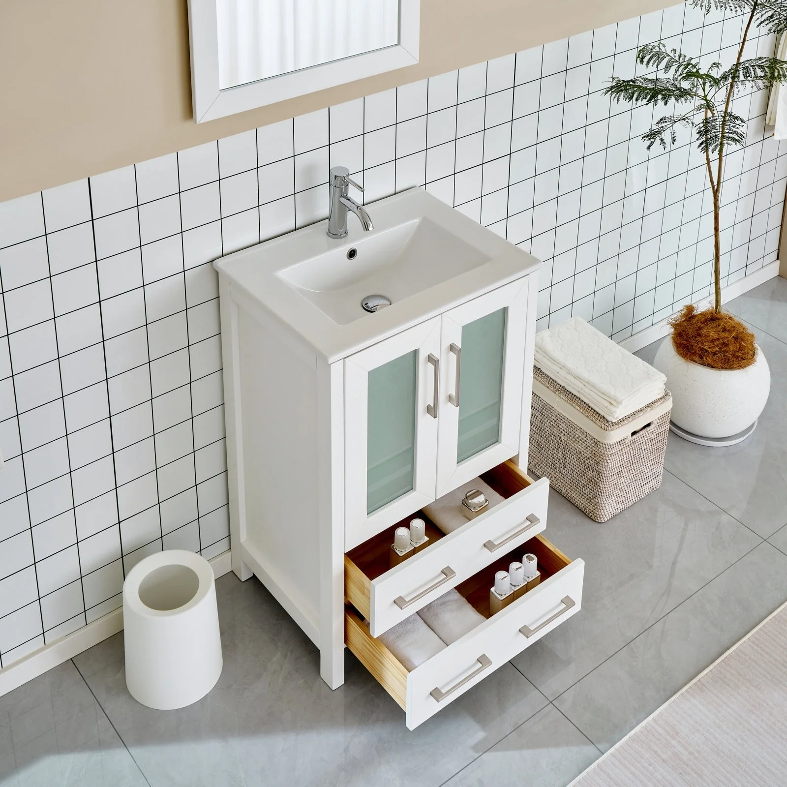 Vanity Art 24-Inch Single Sink Bathroom Vanity Set 2 Drawers, 1 Cabinet, 1 Shelf, Soft-Closing Doors with Free Mirror