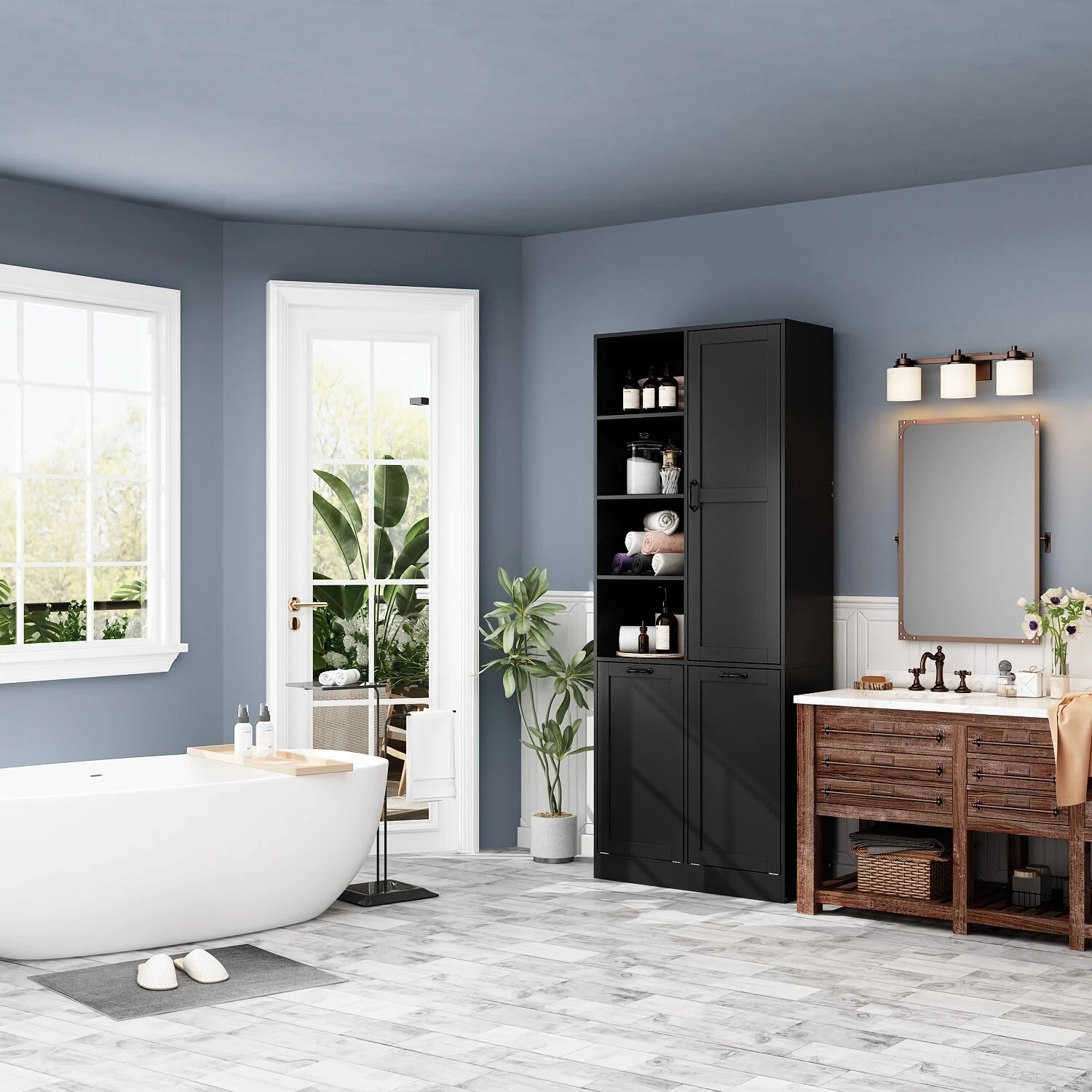 Sleek White Laundry Bathroom Cabinet with Unique Rotating Drawers