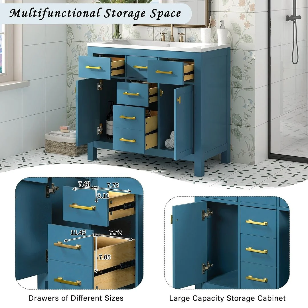 36'' Modern Freestanding Bathroom Vanity with Resin Sink Combo, 4 Drawers and 2 Cabinets