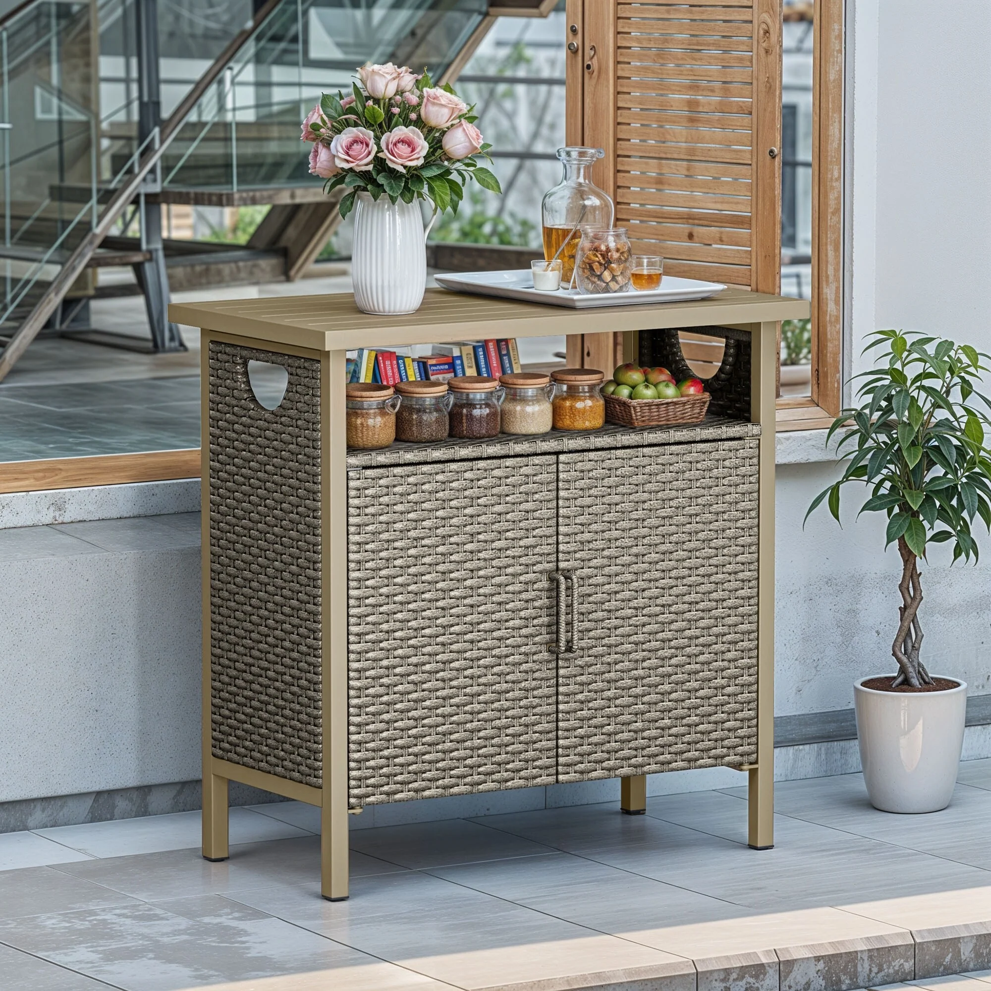 Moasis Outdoor Wicker Bar Table Ratten Storage Cabinet with 2 Doors and Shelves