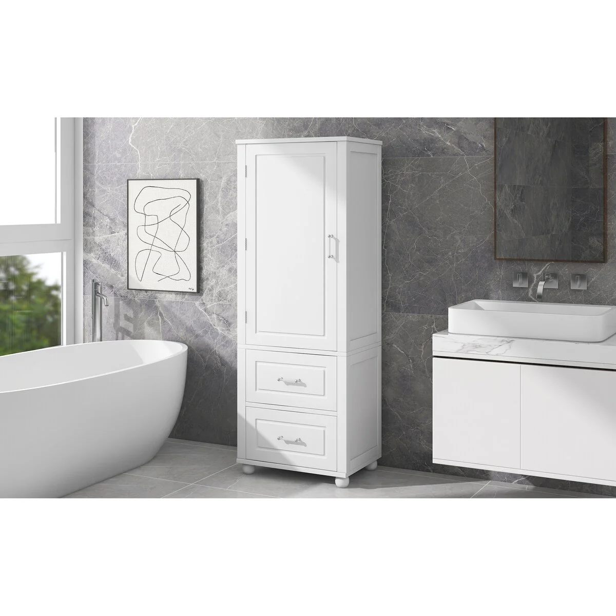 Freestanding Tall Bathroom Storage Cabinet with Door, 2 Drawers and Adjustable Shelf