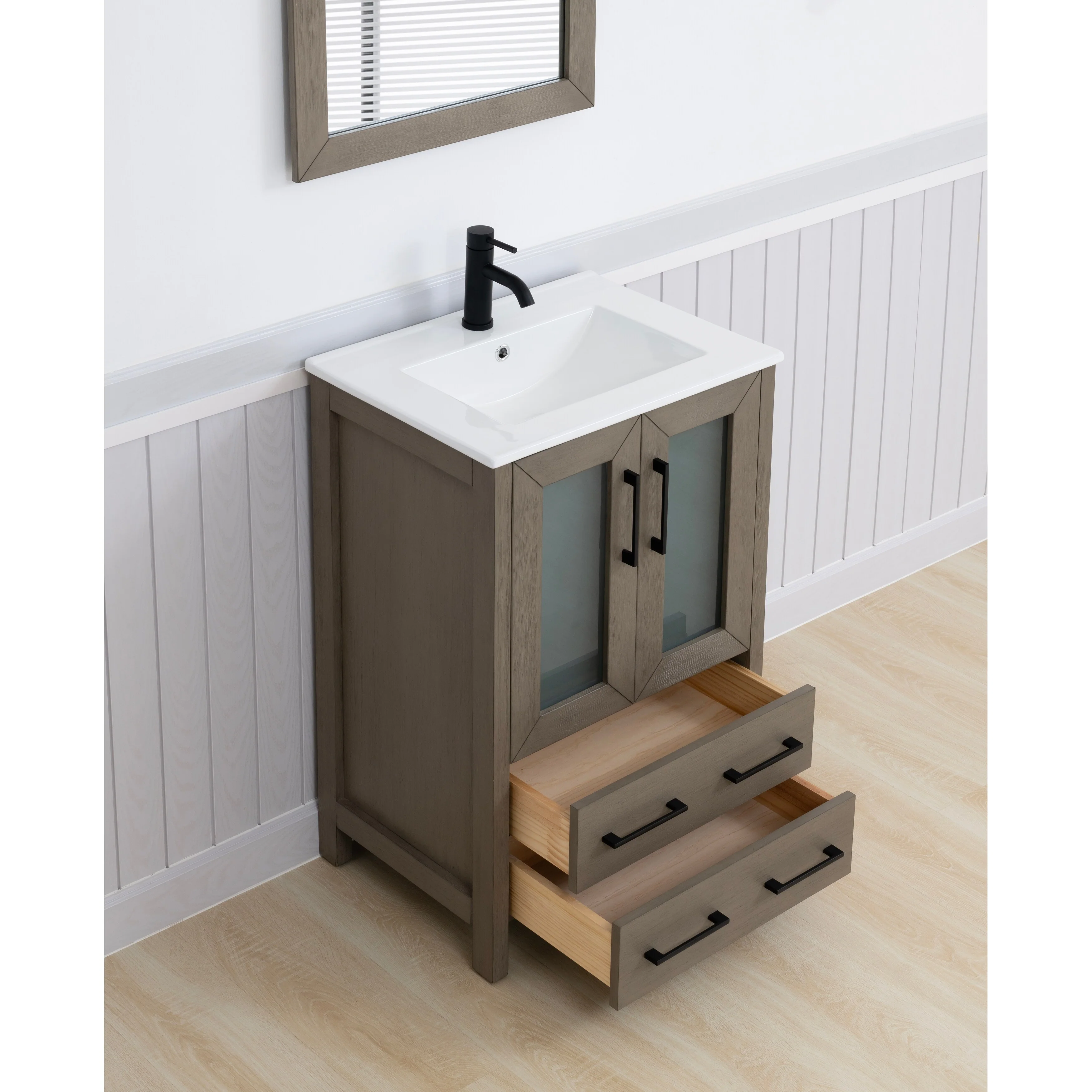 Vanity Art 24-Inch Single Sink Bathroom Vanity Set 2 Drawers, 1 Cabinet, 1 Shelf, Soft-Closing Doors with Free Mirror