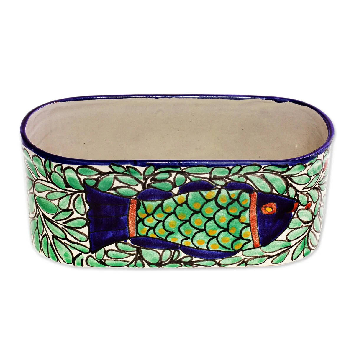 Novica Handmade Pescado Azul Talavera Ceramic Planter