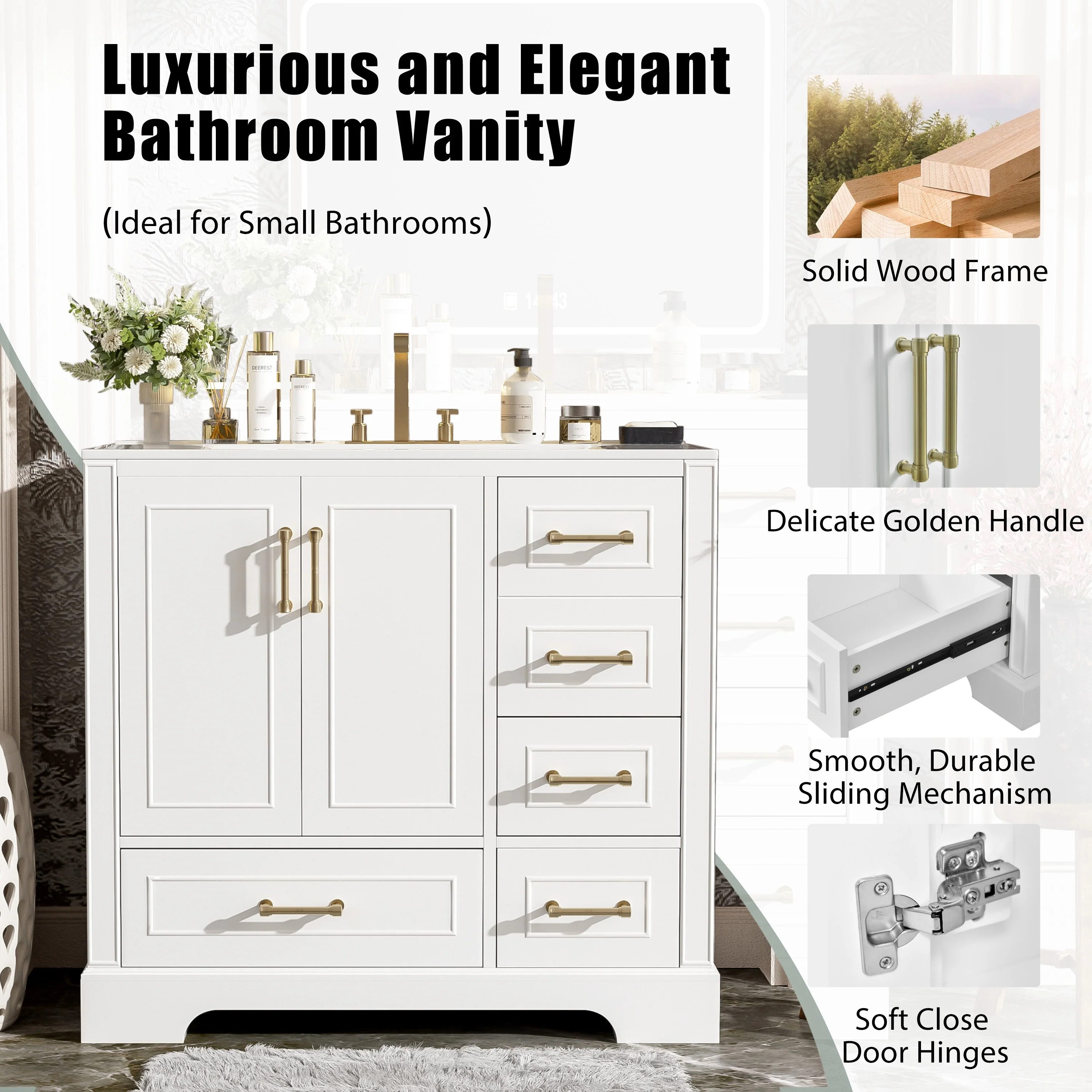 Bathroom Vanity with Resin Sink, Bathroom Vanity Set with 4 Drawers, Bathroom Storage Cabinet with 2 Soft Close Doors