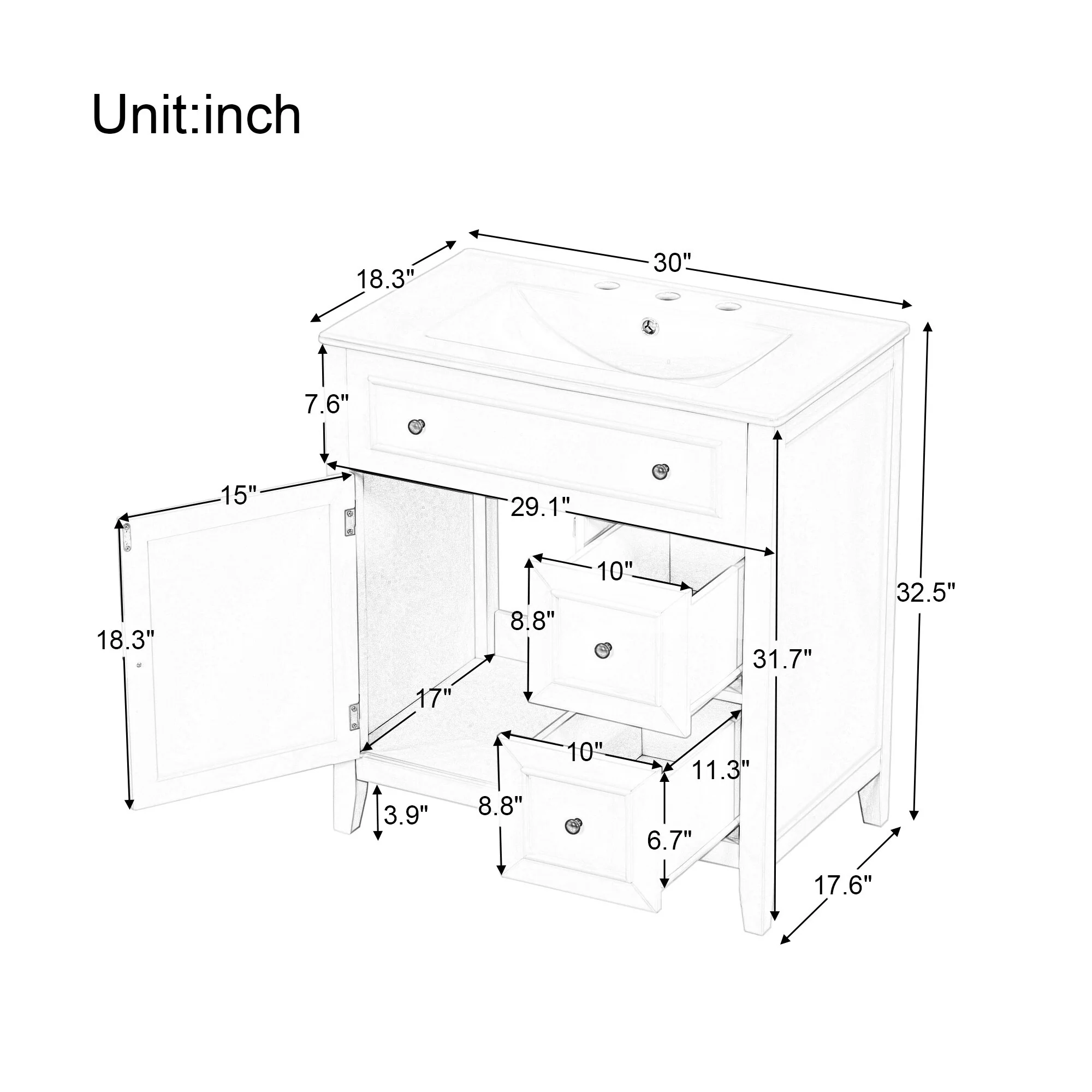 30'' Solid Wood Bathroom Vanity with Cabinet, 2 Drawers, and Ceramic Sink