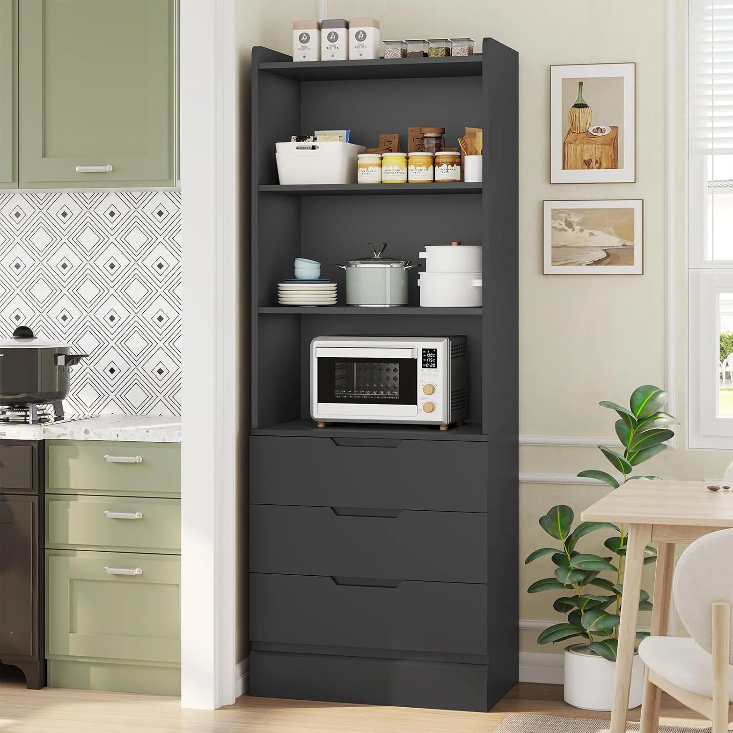 Kitchen Storage Cabinet Bookcase 3 Drawers Open Shelves - N/A