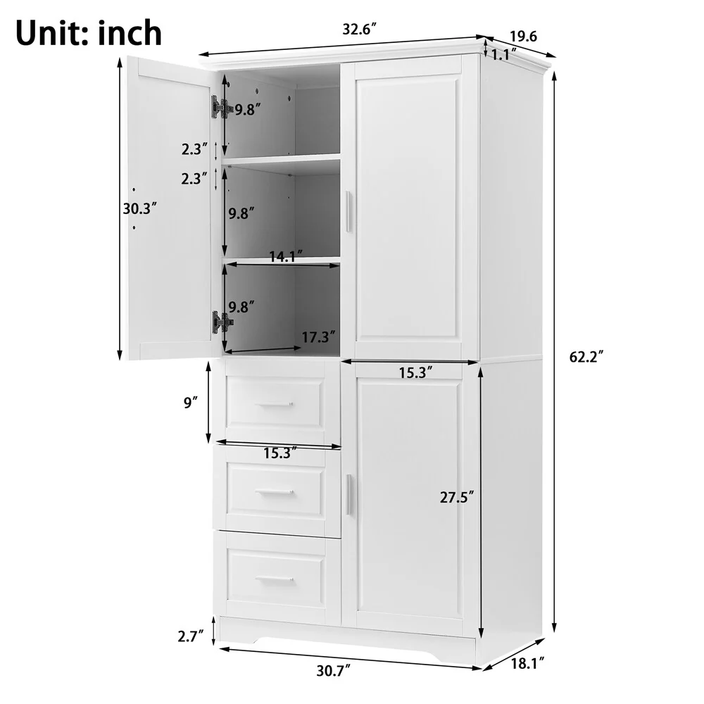 Tall and Wide Storage Cabinet with Doors for Bathroom, Three Drawers