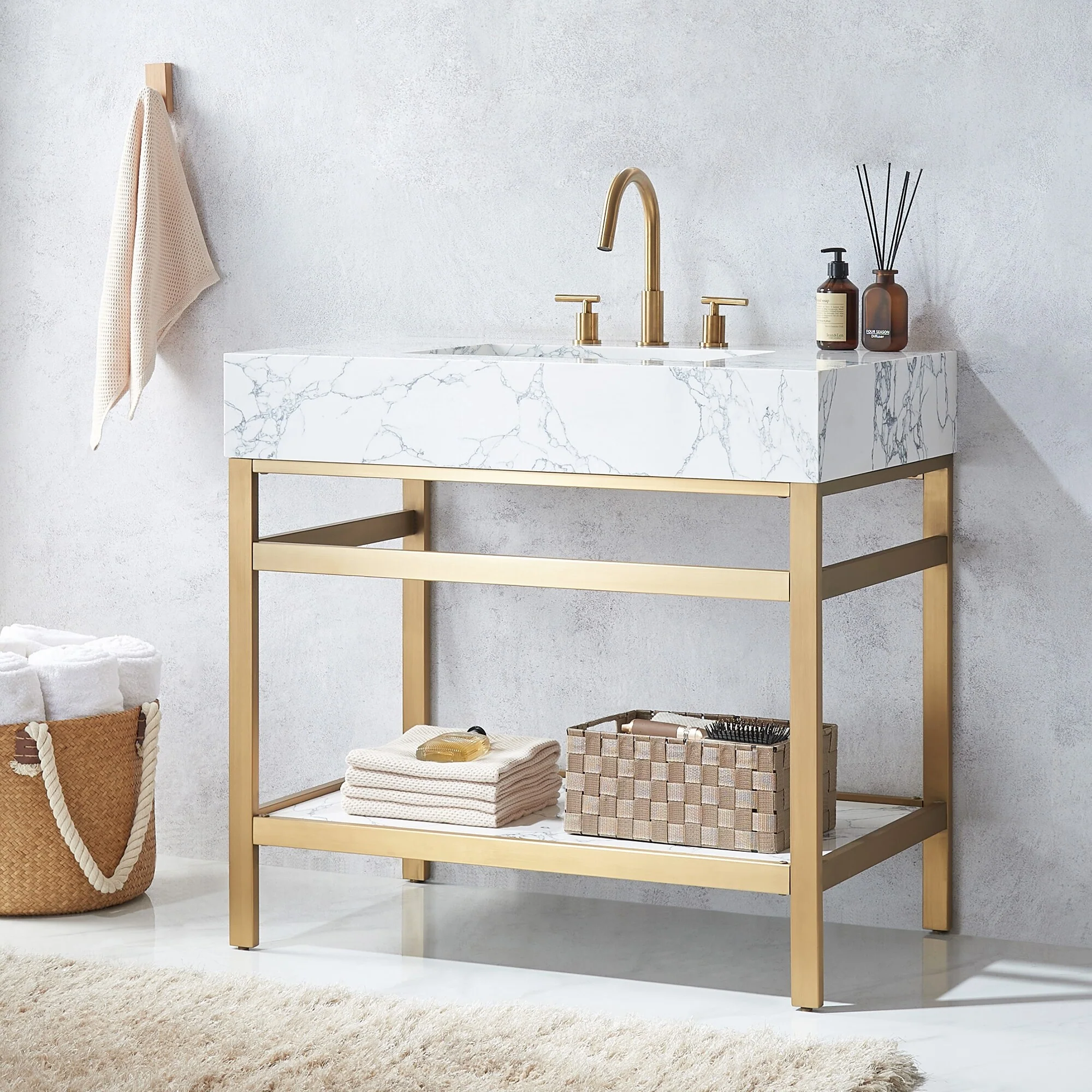 Ecija Bath Vanity, Metal Support with Composite Stone Top, no Mirror