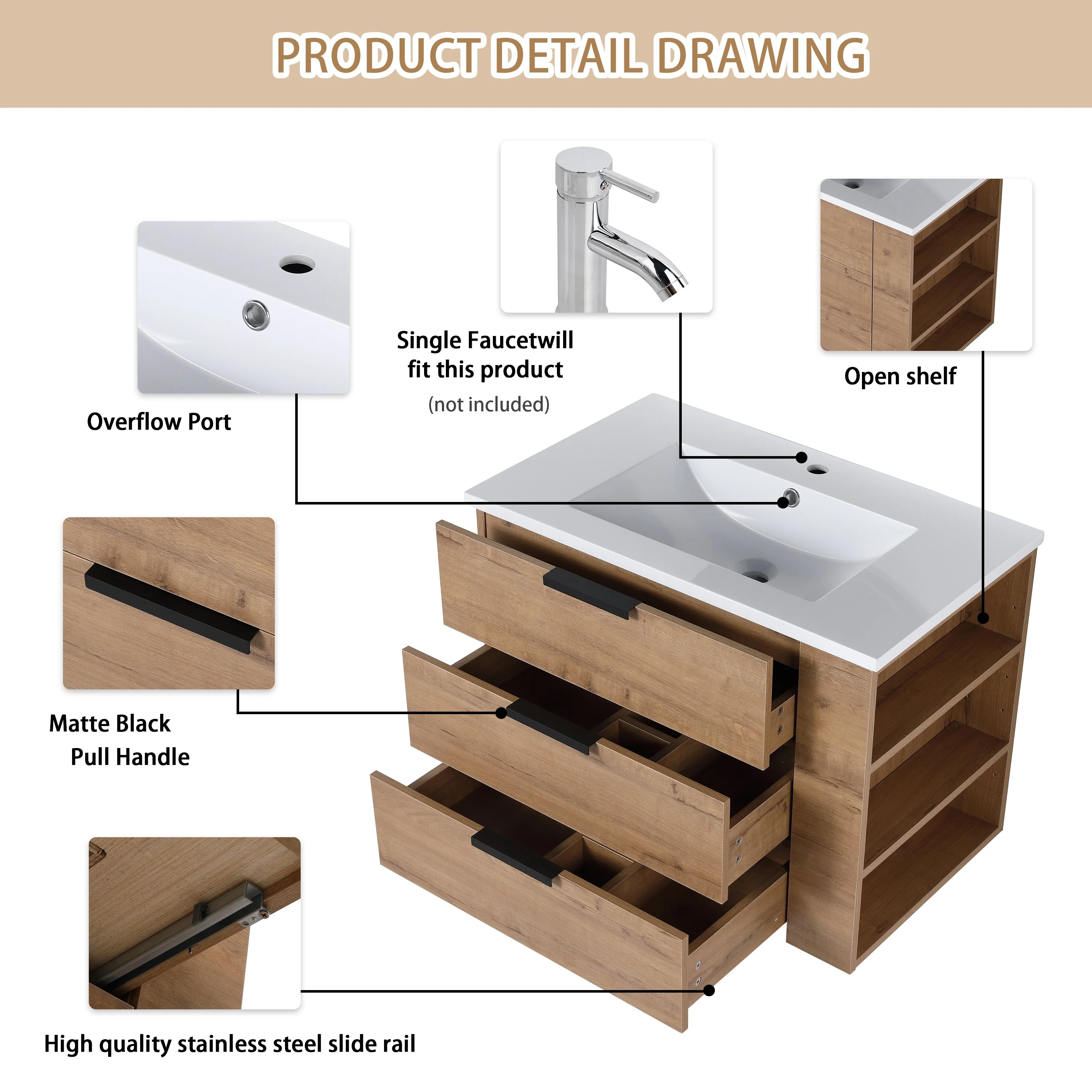 Beingnext 30''/36'' Single Sink Floating Bathroom Vanity with Soft Close Drawer and Adjustable Shelf