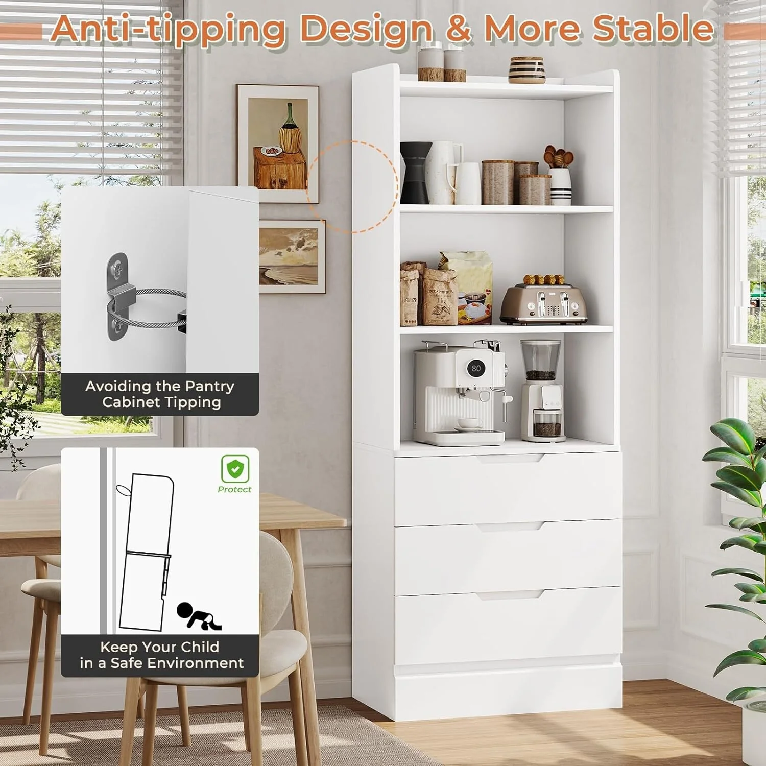 Kitchen Storage Cabinet Bookcase 3 Drawers Open Shelves - N/A