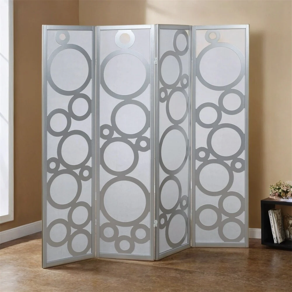 4-Panel Wood Room Divider with Circle Pattern