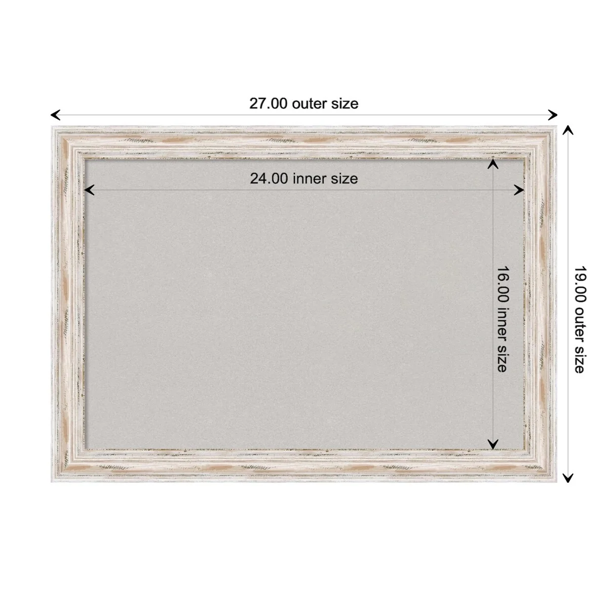Alexandria White Wash Narrow Wood Framed Grey Corkboard Bulletin Board, Organization Board, Pin Board