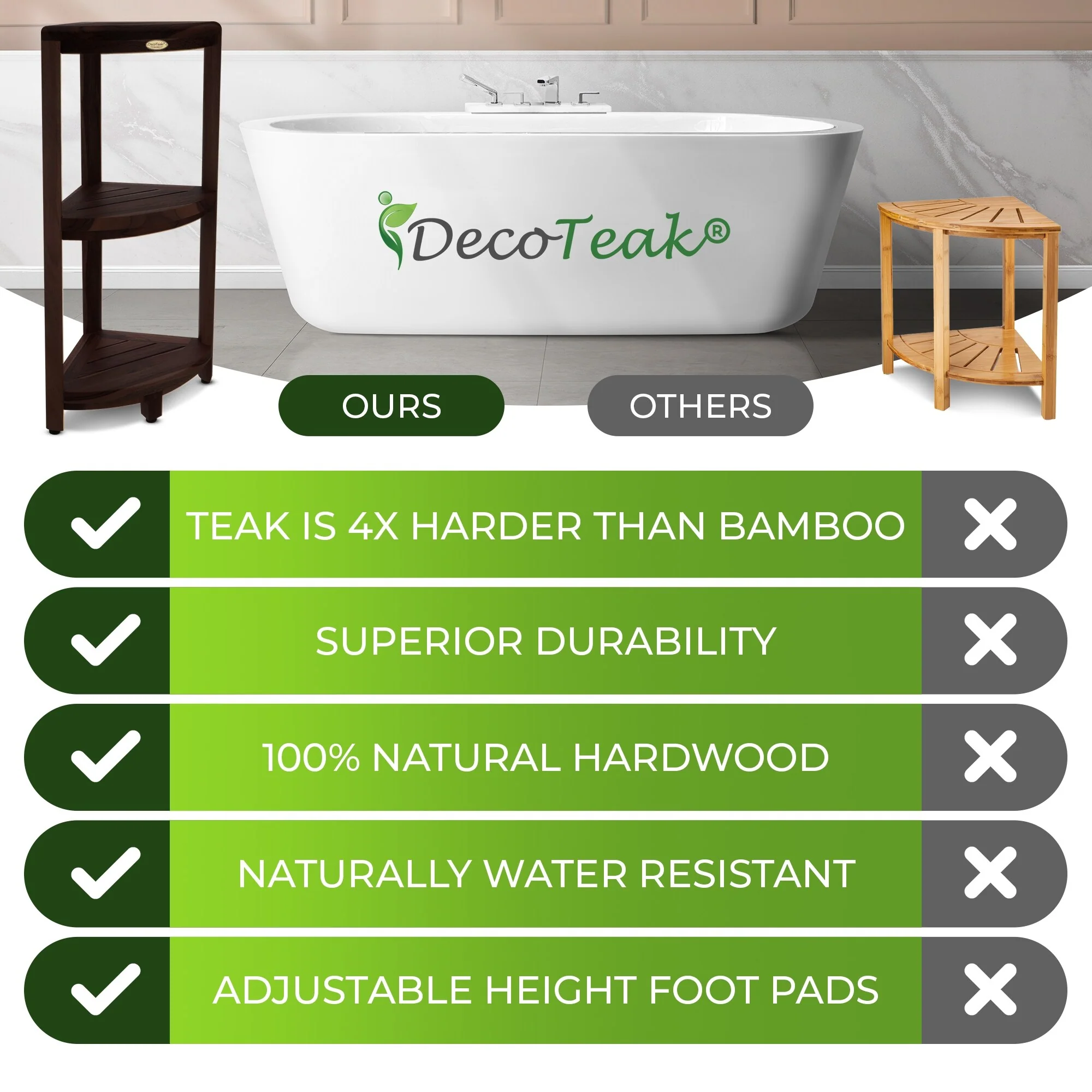 DecoTeak Oasis 3-Tier Solid Teak Corner Shower Shelf in Signature WoodLand Brown Finish