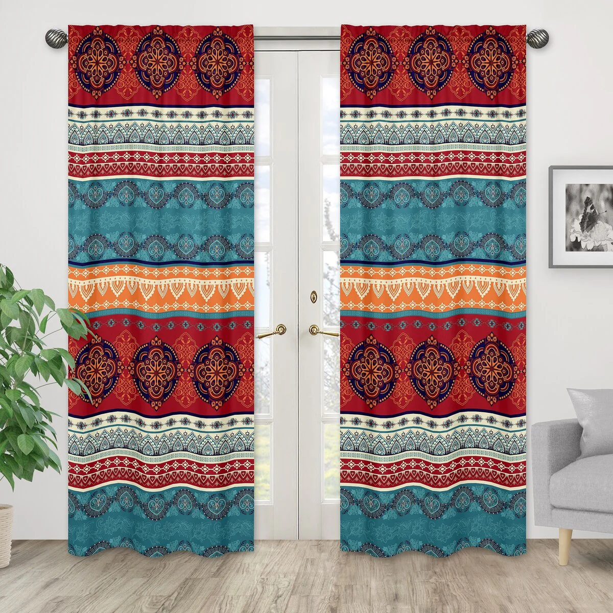 Sweet Jojo Designs Boho Chic Mandala 84in Window Treatment Curtain Panel Pair Red Bohemian Colorful Vintage Retro Tribal Luxury
