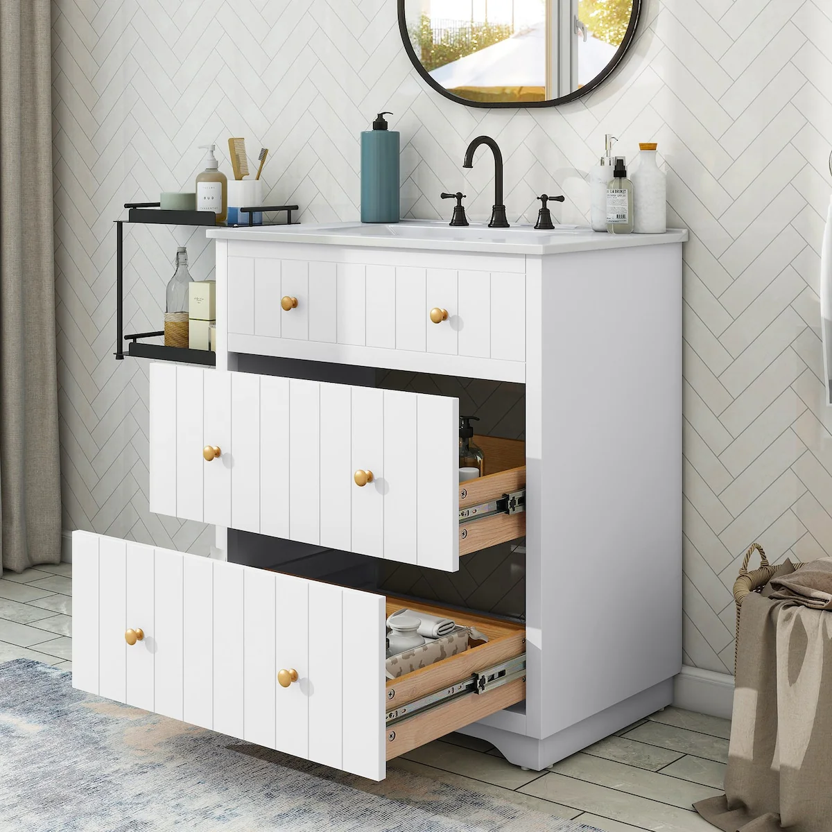 30-Inch Modern White Bathroom Vanity Cabinet with two drawers