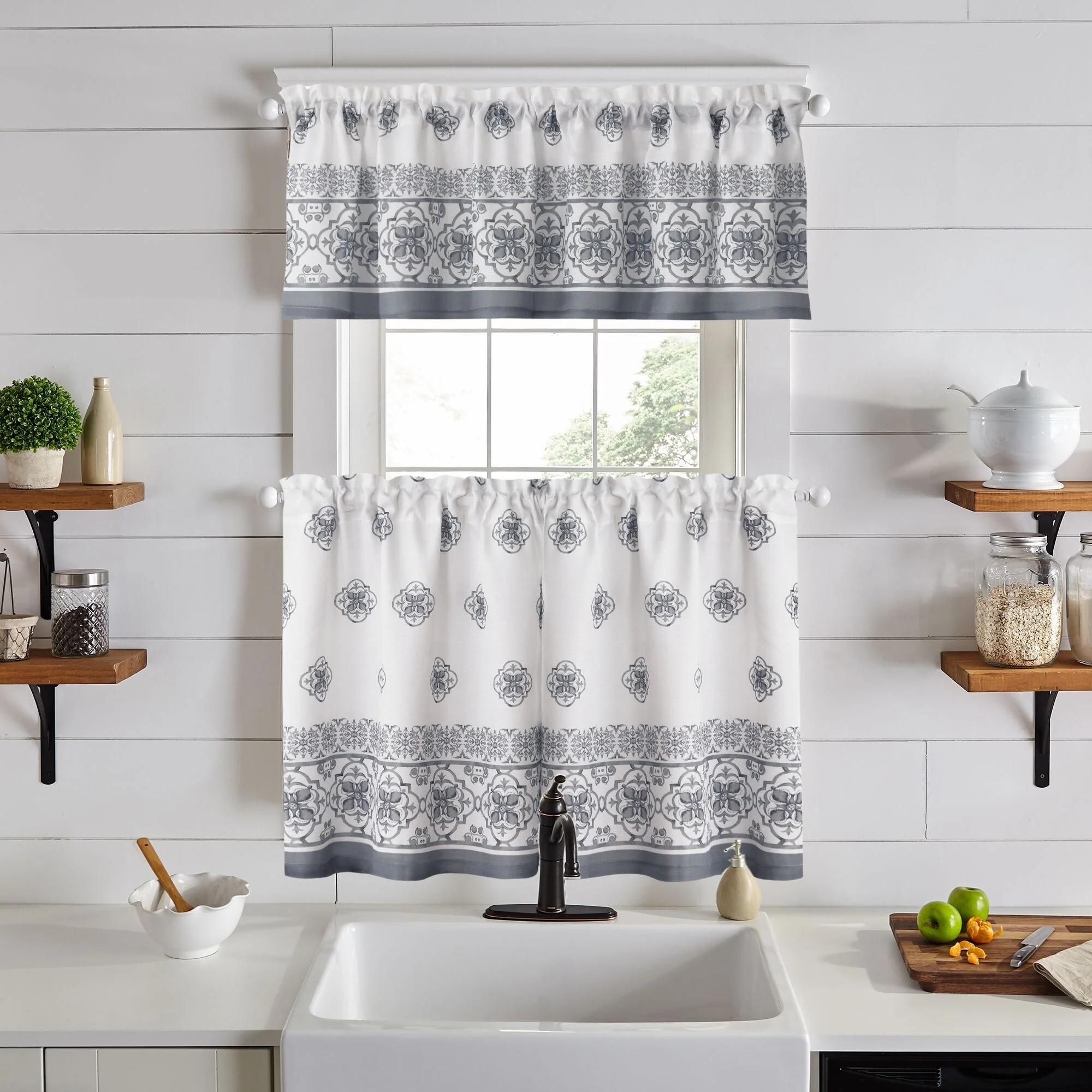 Amani Tile 3-Piece Kitchen Curtain Tier Set & Valance