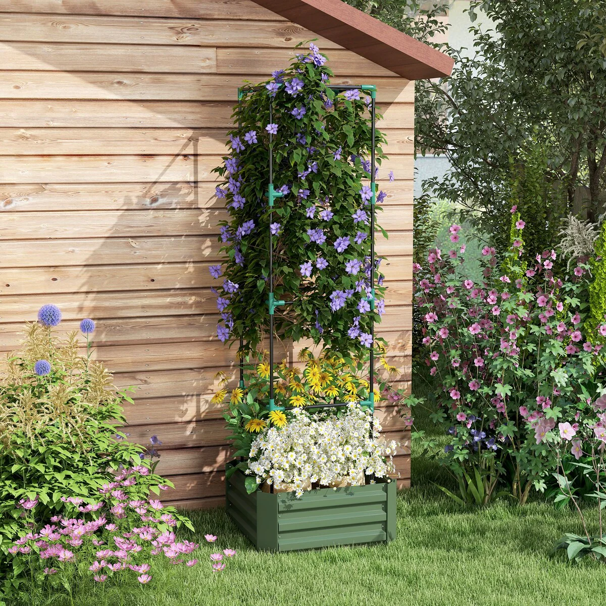 Outsunny Galvanized Raised Garden Bed with Trellis Tomato Cage