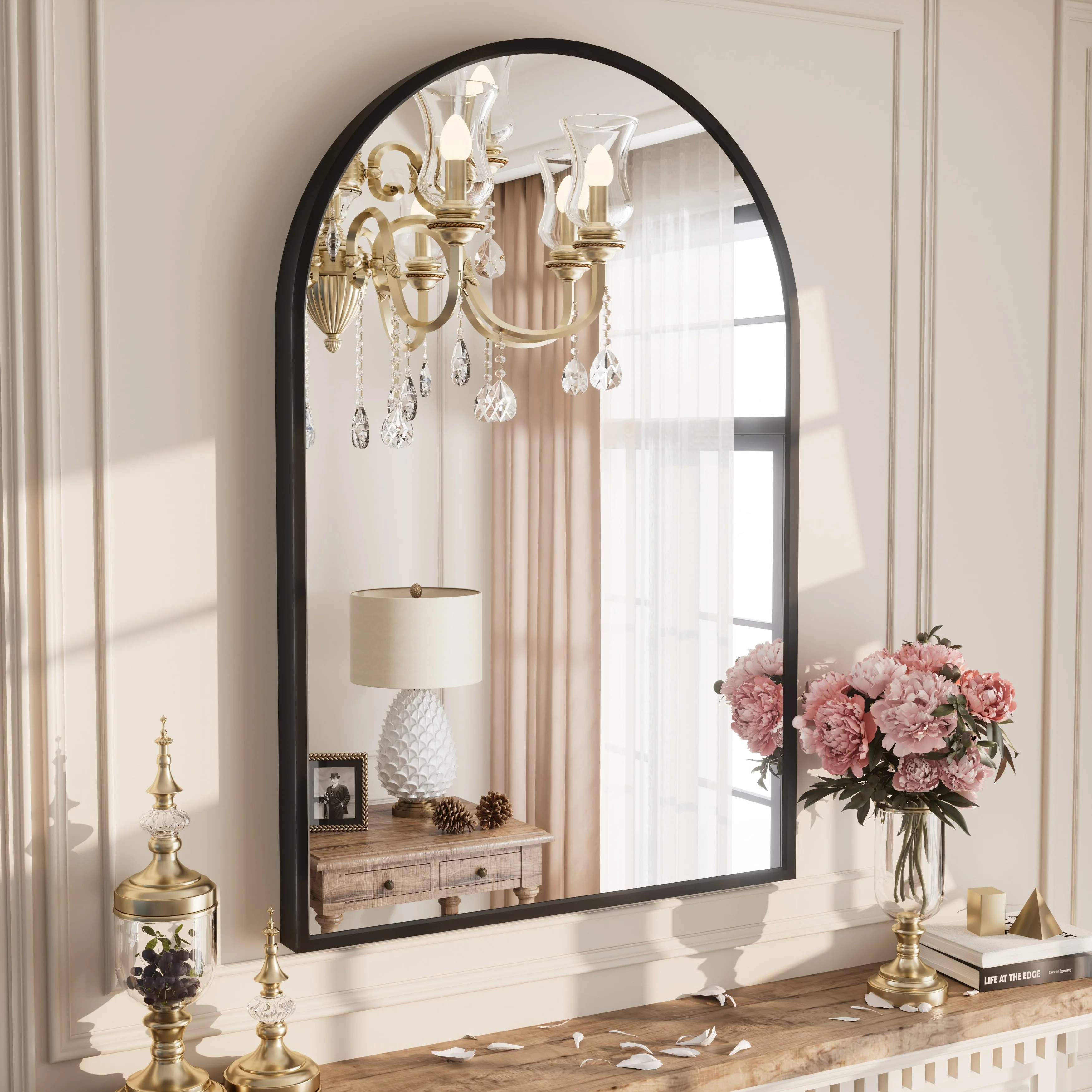 Apmir Arched Wall Mirror Black Metal Framed Bathroom Vanity Mirror