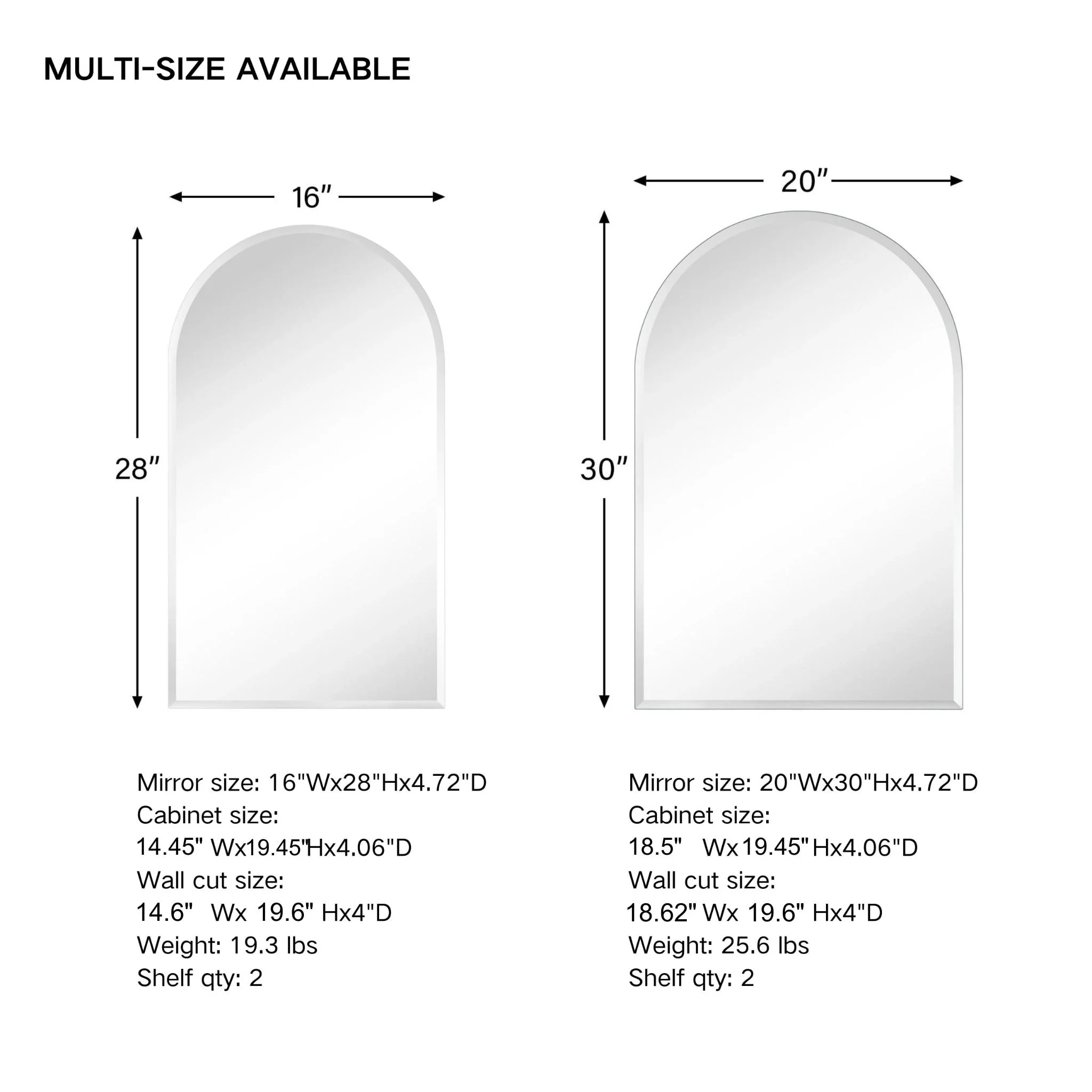 TEHOME Surface and Recessed Mount Frameless Arched Bathroom Medicine Cabinet with Mirror