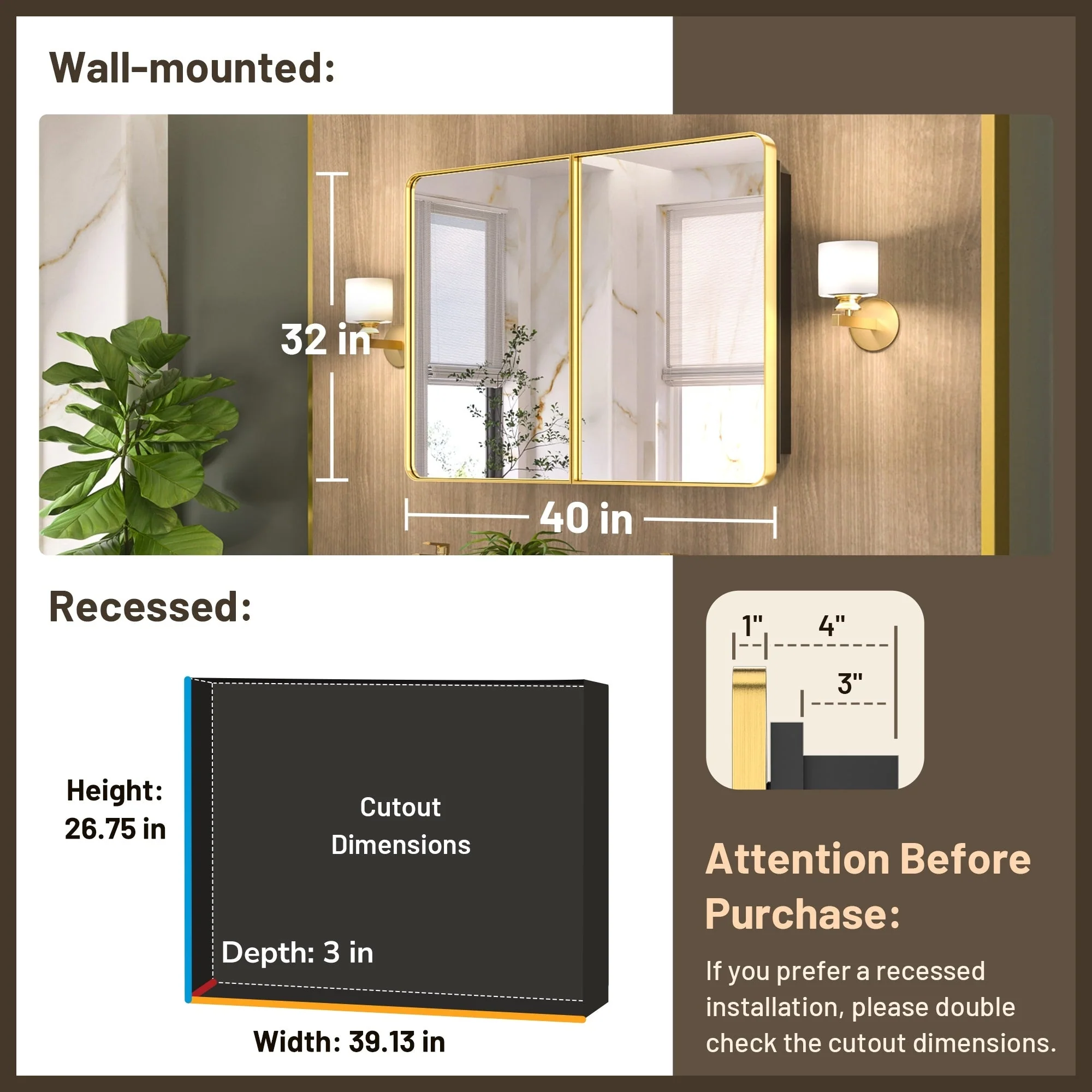 KEONJINN Medicine Cabinets for Bathroom with Mirror, Stainless Steel 1-3 Framed Doors