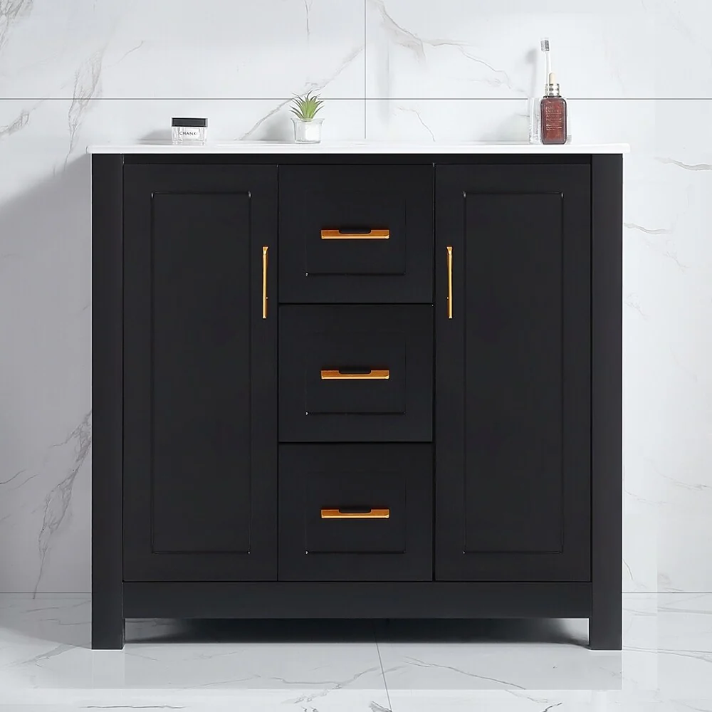 Bathroom Vanity with Single Sink, Wood Storage Cabinet with 2 Soft Closing Doors, Freestanding Vanity Cabinet with 3 Drawers