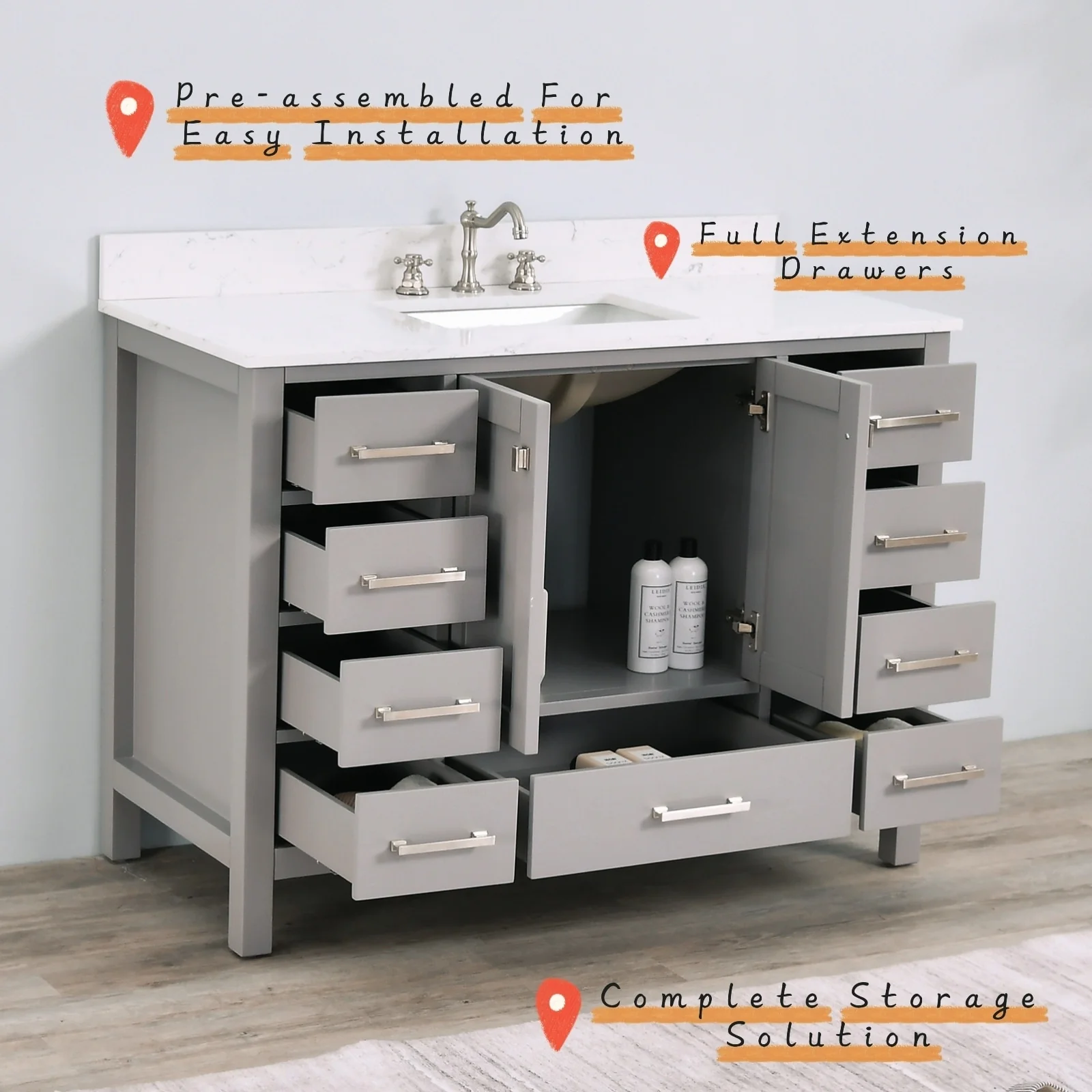 Prismosaic 48 in. Lunar Gray Vanity with Countertop & Splash, Single Sink