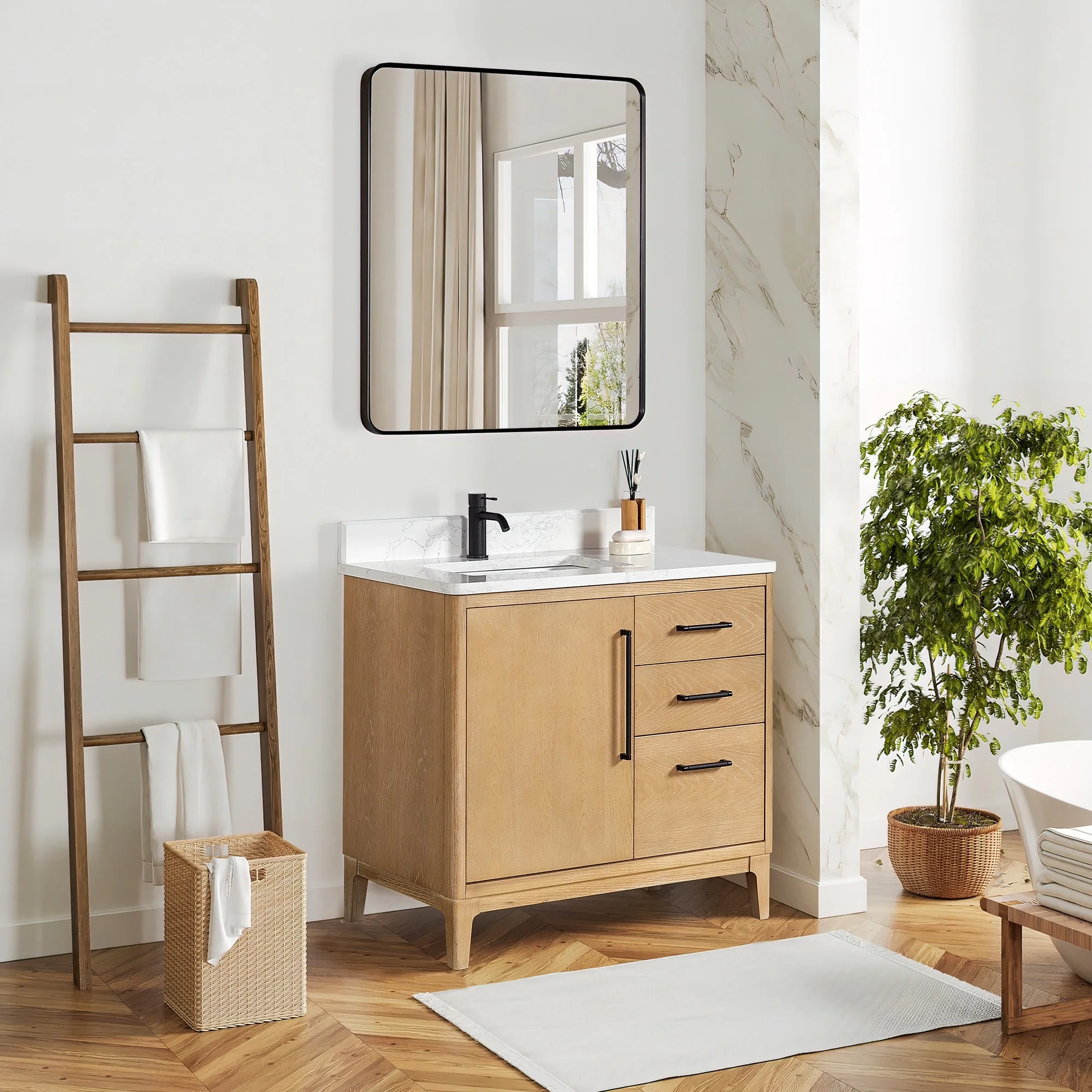 Gara Single Bath Vanity with Composite Stone Top and Mirror