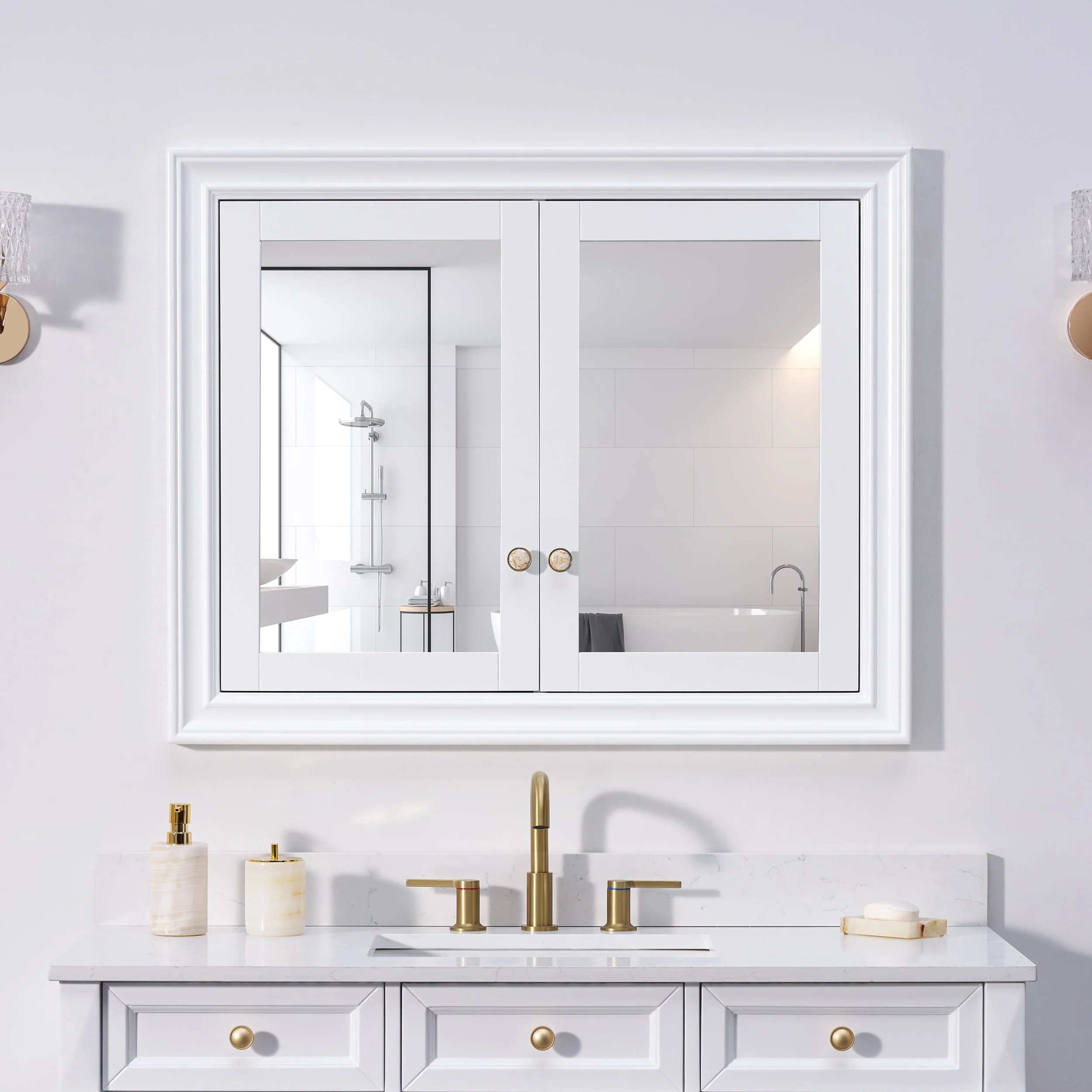 32''H Recessed Mount Solid Wood Framed Medicine Cabinet With Mirror and Shelves