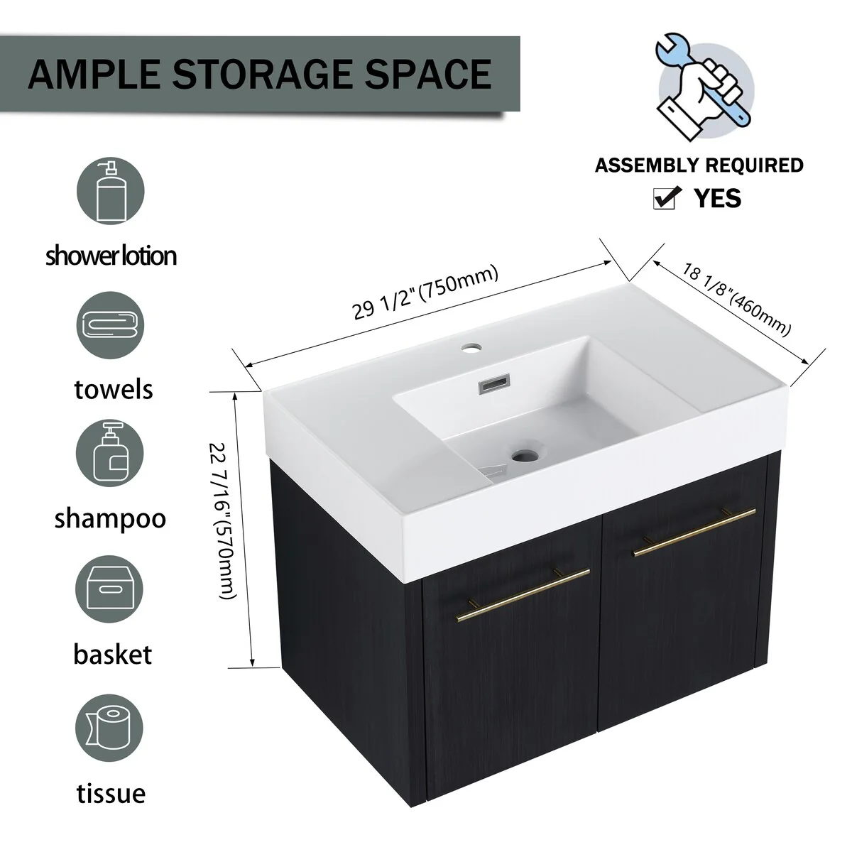 Bathroom Vanity With Sink In 24/30/36 Inch, Floating Bathroom Vanity with Soft Close Door