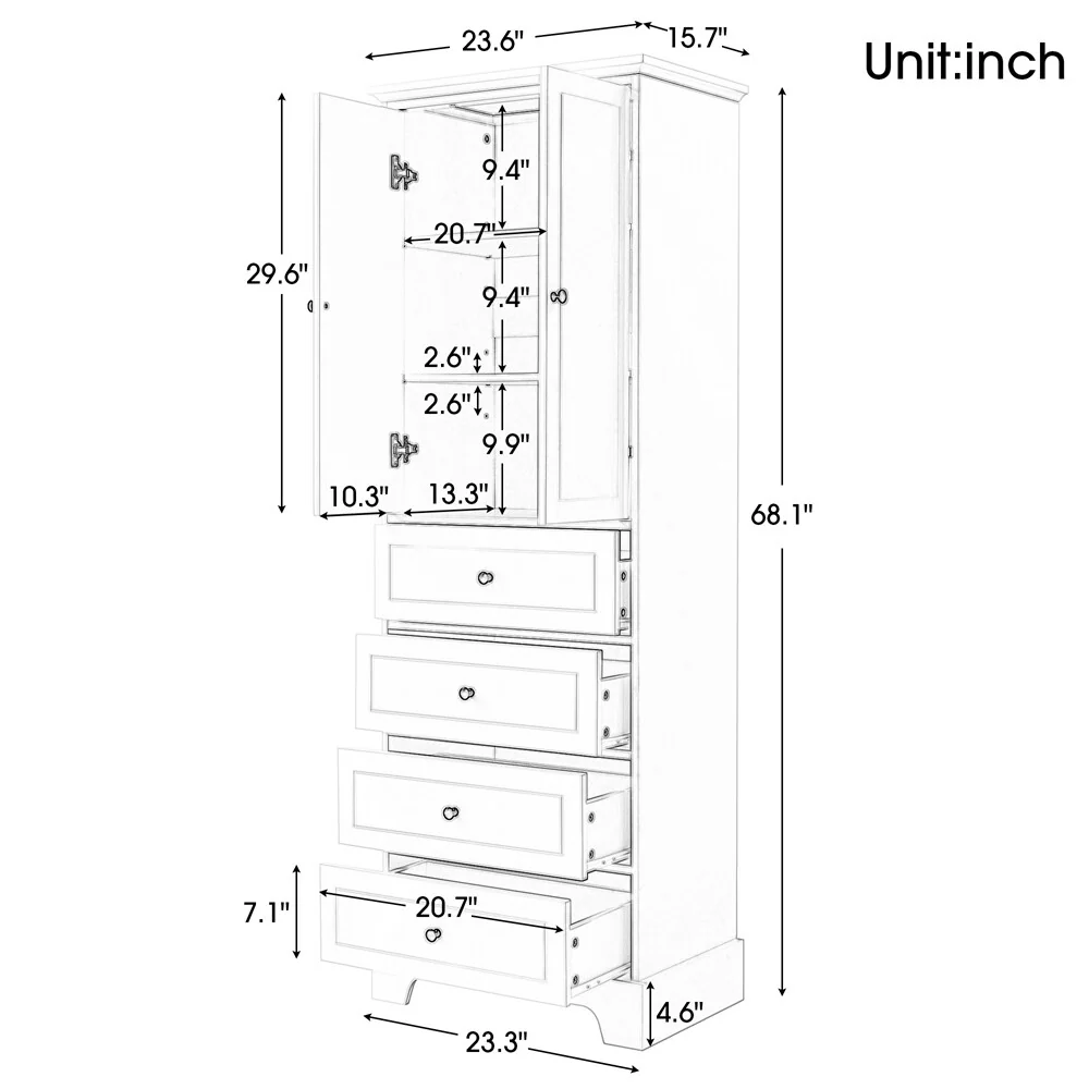 Wooden Storage Cabinet with 2 Doors and 4 Drawers, Adjustable Shelf