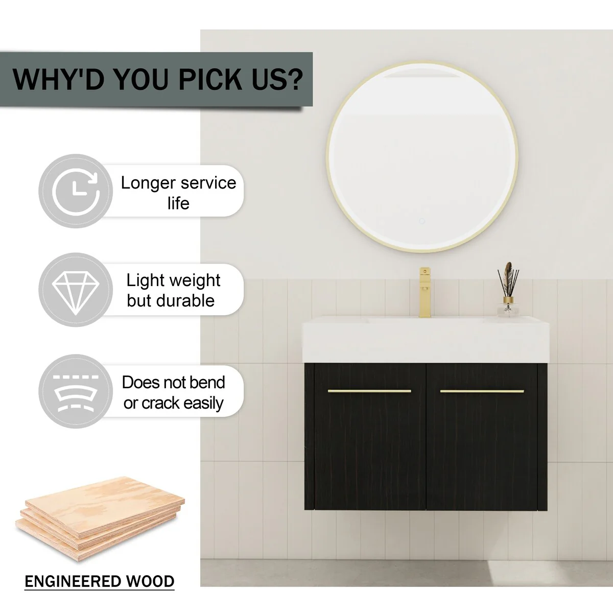 Bathroom Vanity With Sink In 24/30/36 Inch, Floating Bathroom Vanity with Soft Close Door