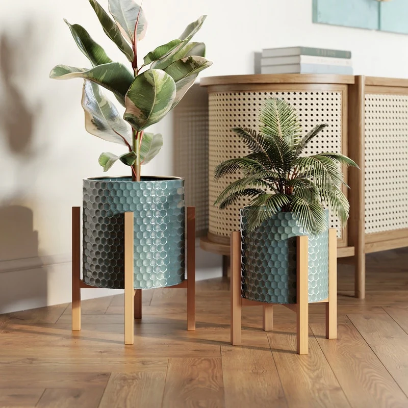 2-Piece Honeycomb Metal Planter Pot With 4-Leg Wood Base - Blue-Green - 14.75